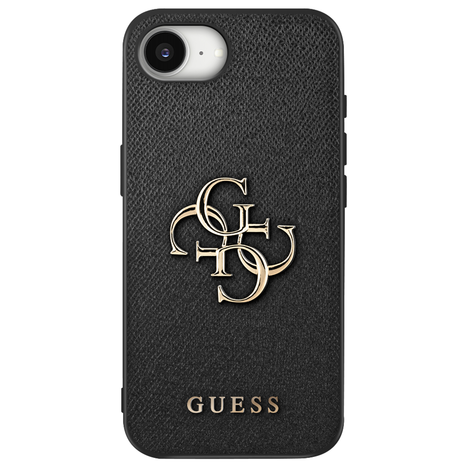 Zwarte telefoonhoes met GUESS-logo en camerauitsparing.