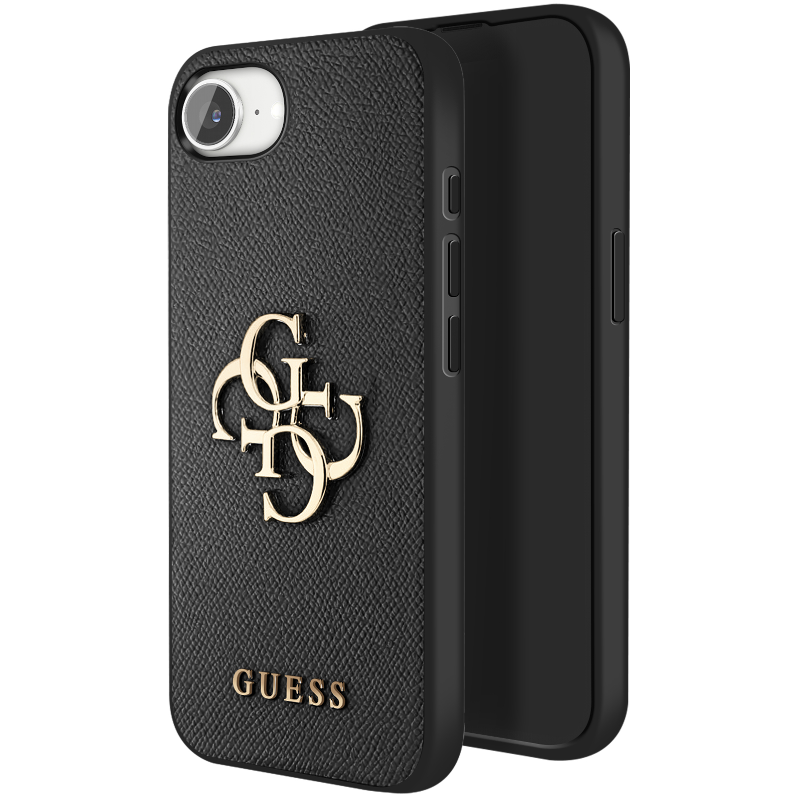 Zwarte telefoonhoes met GUESS-logo en camera-uitsparing.