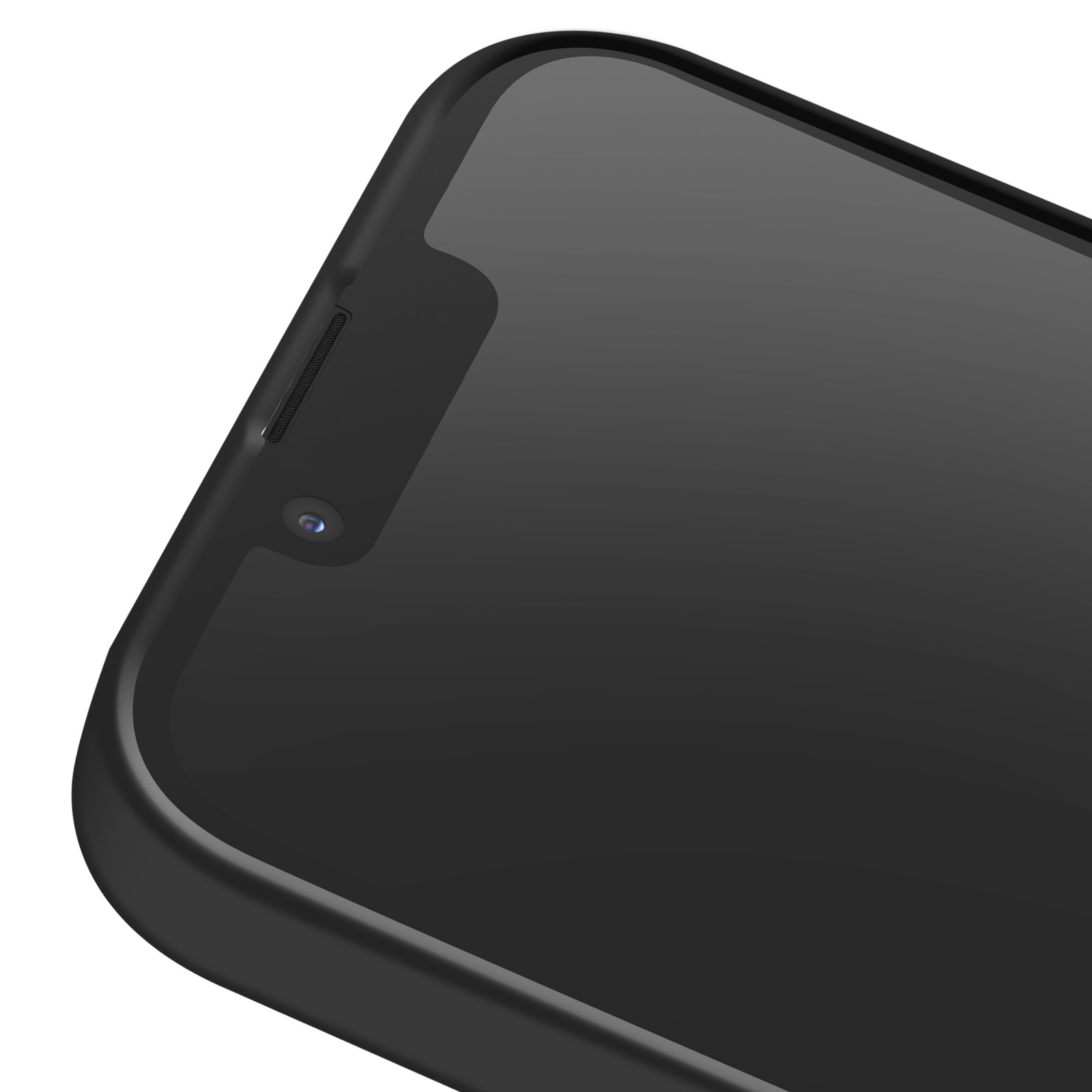 Zwarte afgeronde smartphone met notch en cameragat.