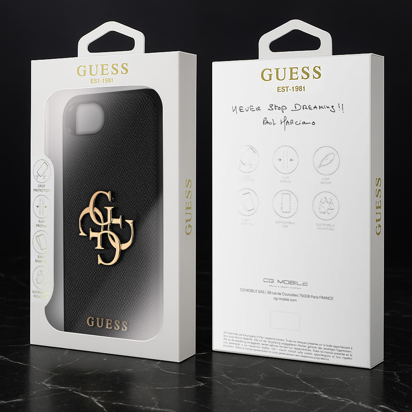 Zwarte Guess telefoonhoes met gouden logo in verpakking. Achterkant met tekst en iconen.
