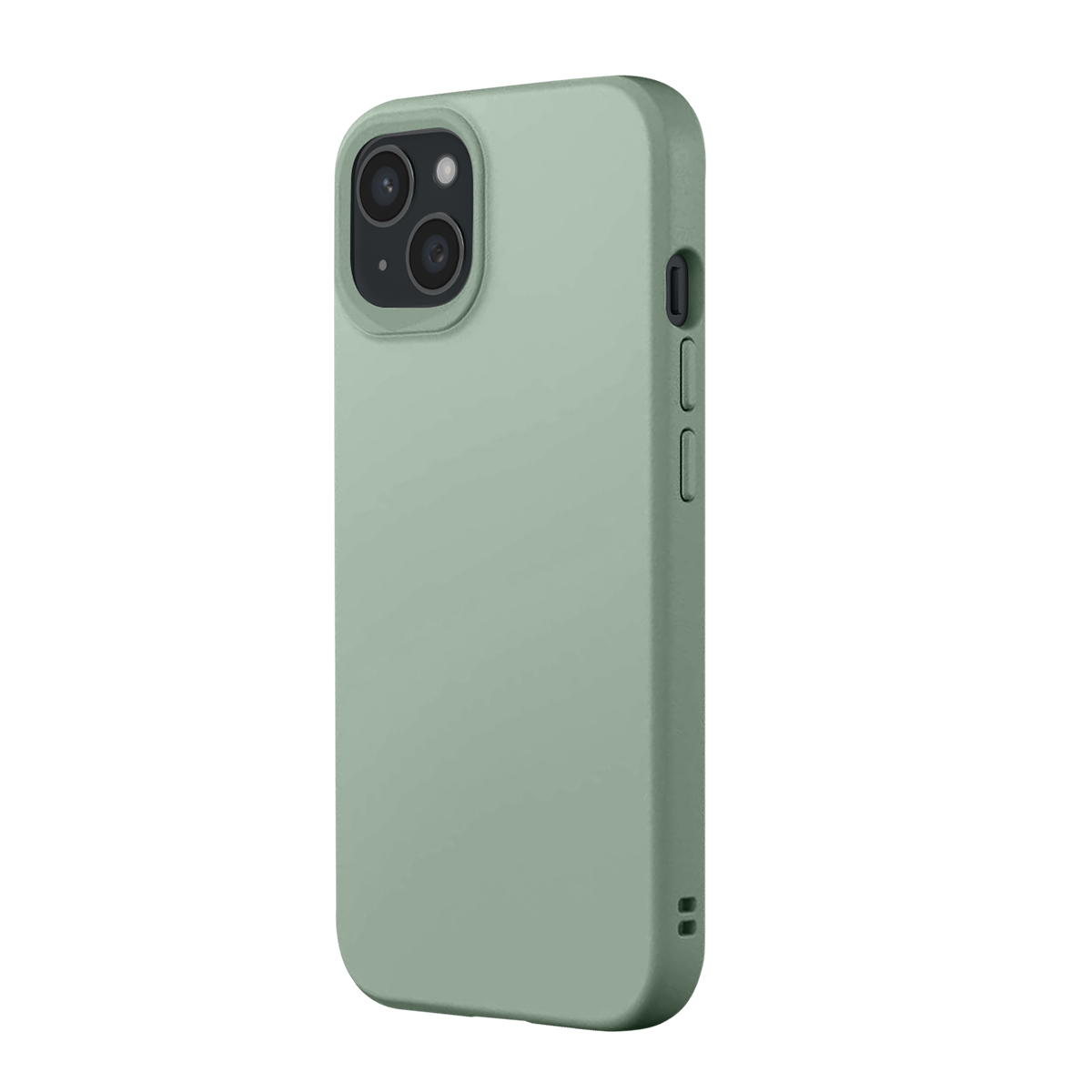 Une coque de téléphone vert clair avec module caméra et boutons latéraux.