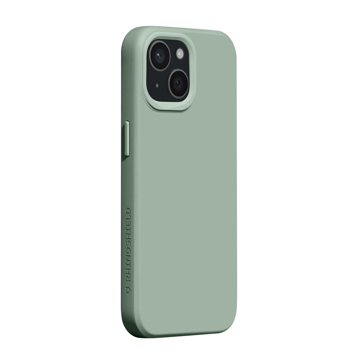 Une coque de téléphone verte avec découpe caméra et logo RHINOSHIELD.