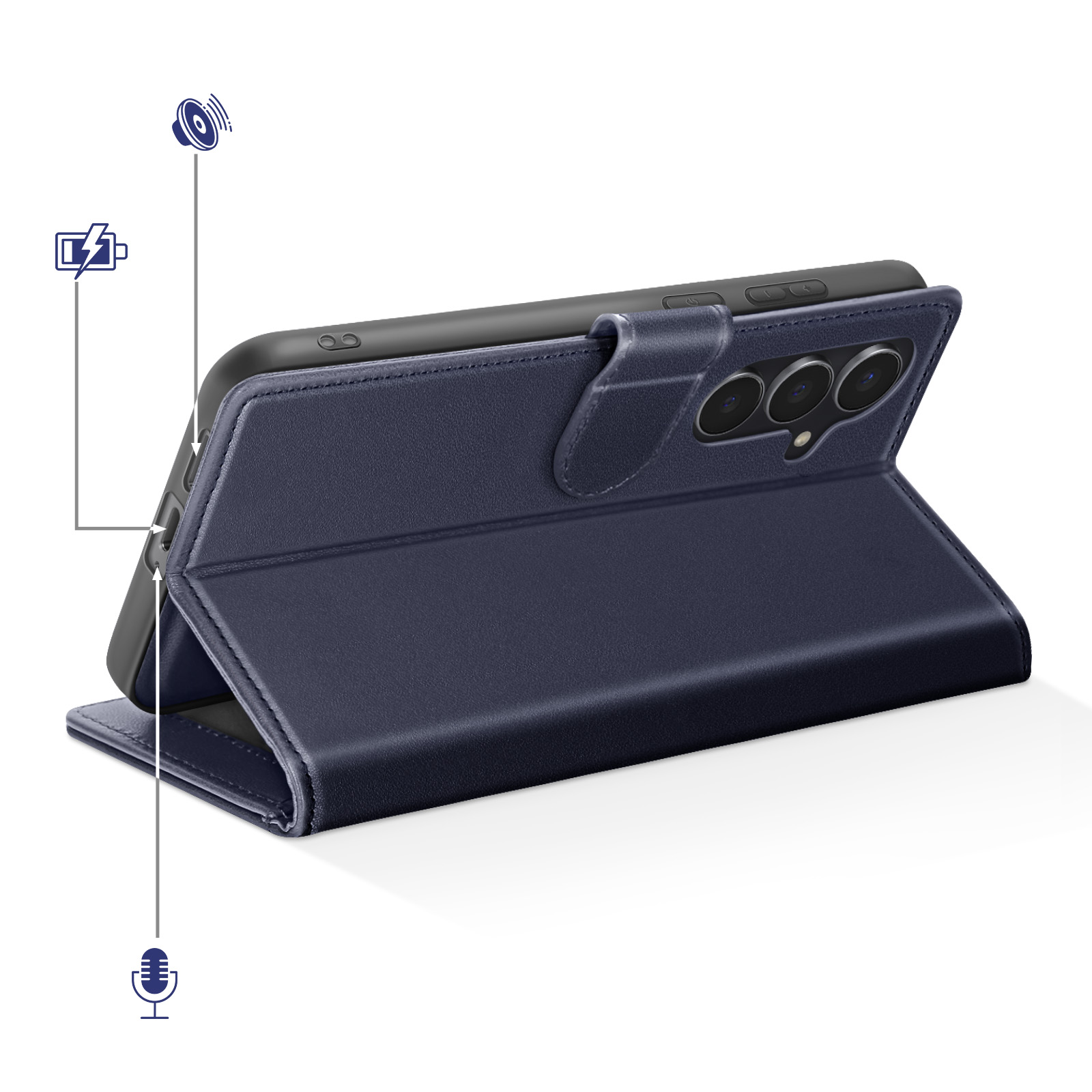 Dunkelblaue Handyhülle geöffnet, zeigt Handy & Kameralinsen. Symbole für Ton & Akku.