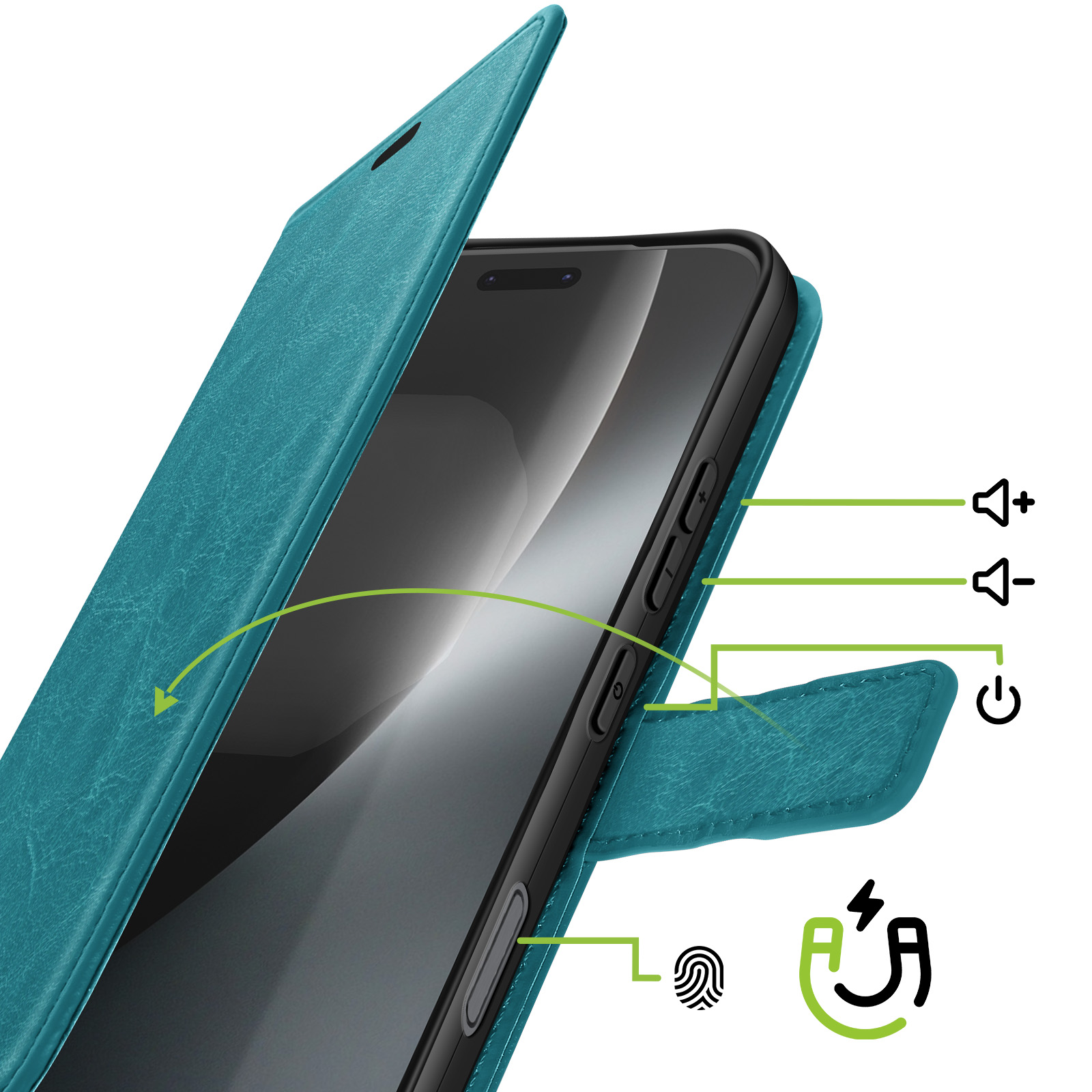 Türkiser Handy-Flipcase mit offenem Deckel, zeigt Lautstärke- und Einschalttasten.