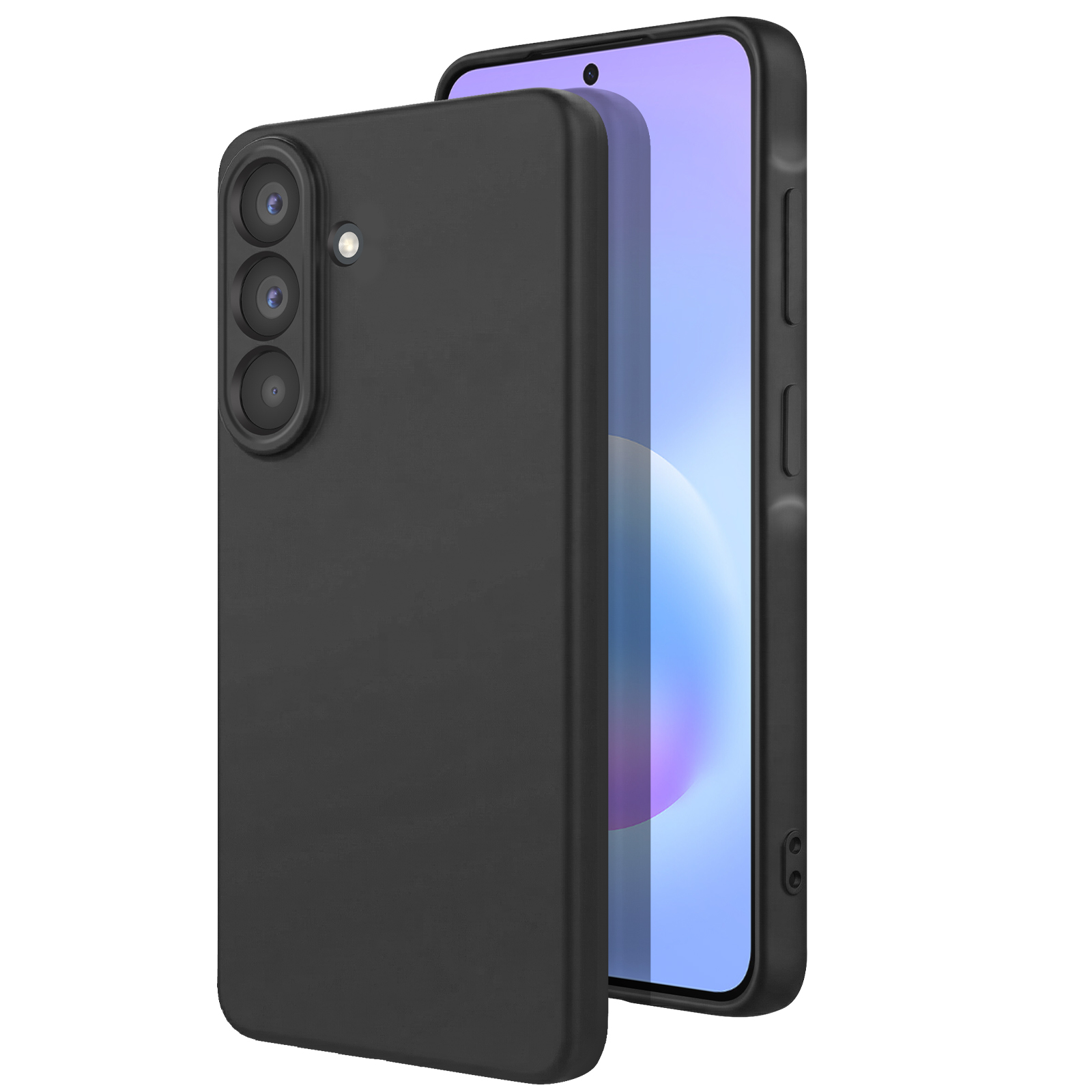Schwarze Handyhülle mit drei Kameras und einem Smartphone mit blauem Bildschirm.