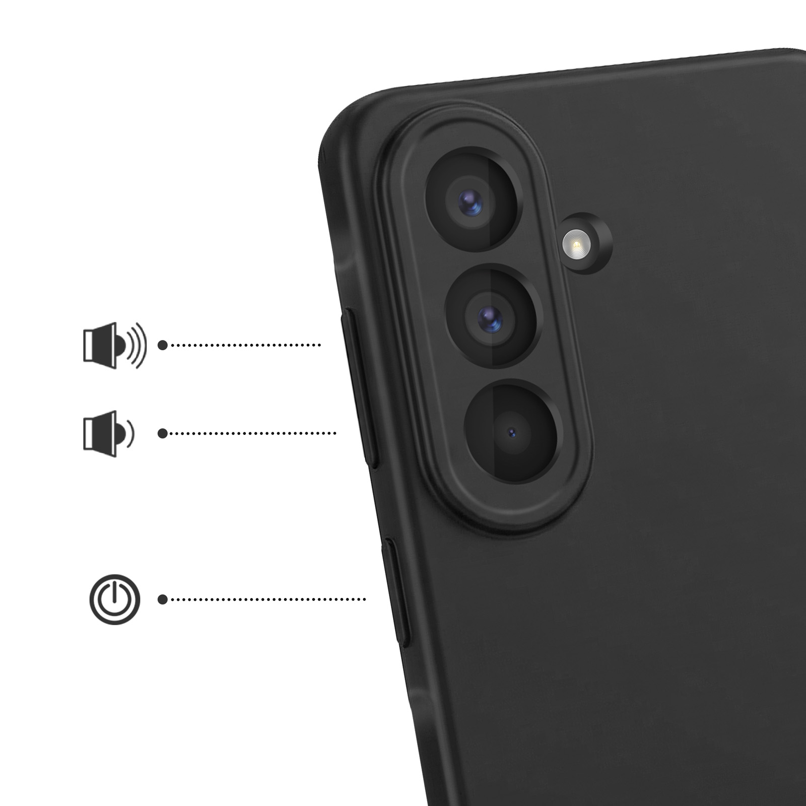 Schwarzes Handy mit drei Kameras und Blitz, Lautstärke- und Ein/Aus-Symbolen.