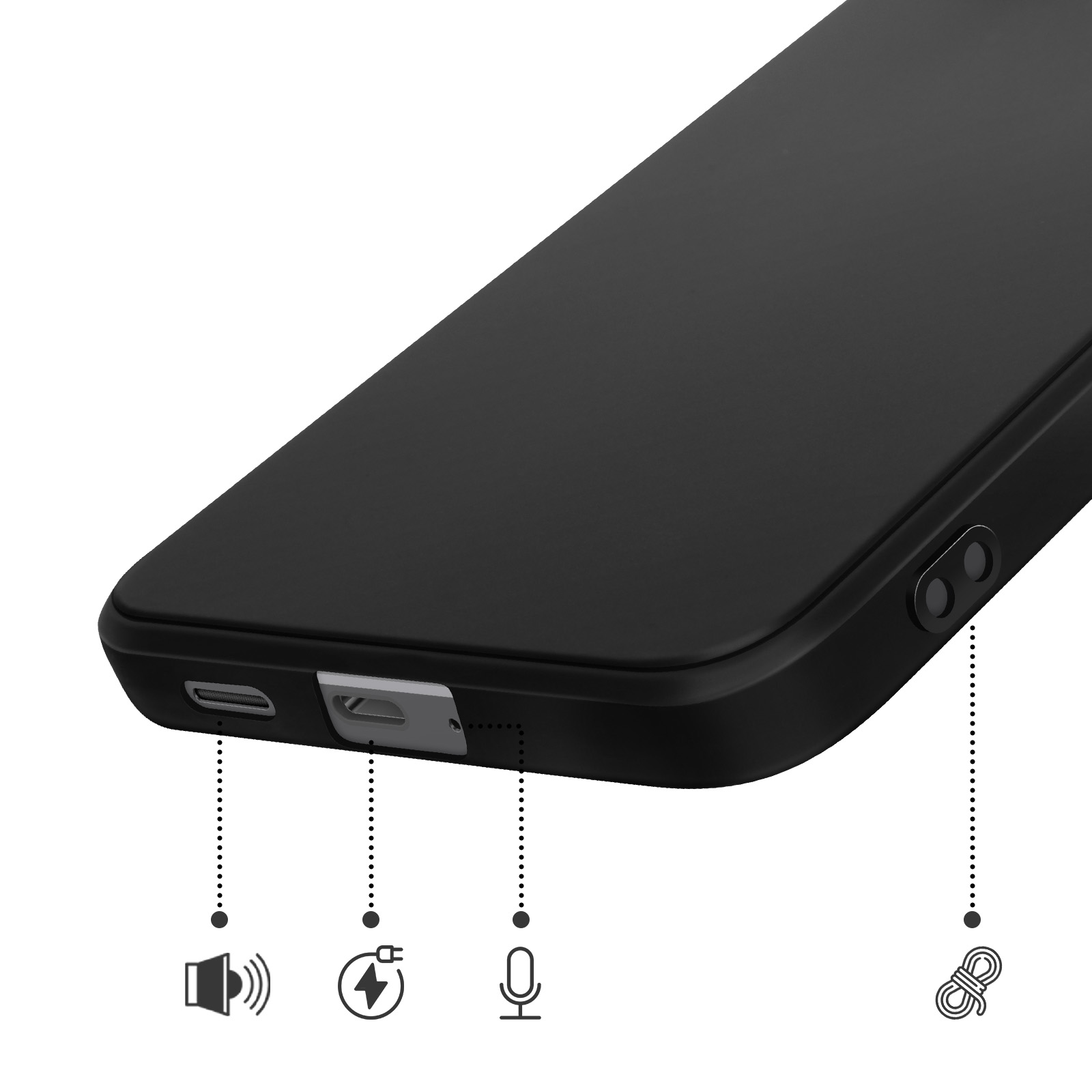 Schwarzes Handy mit Lade-, Mikrofon- und Lautsprechersymbolen.