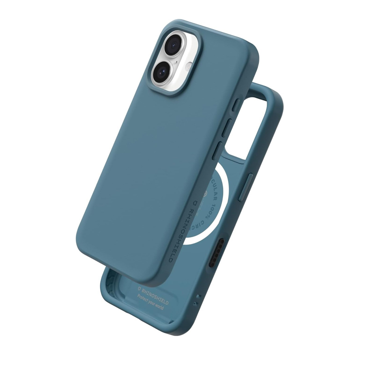 Blauw telefoonhoesje getoond in twee aparte delen op witte achtergrond.