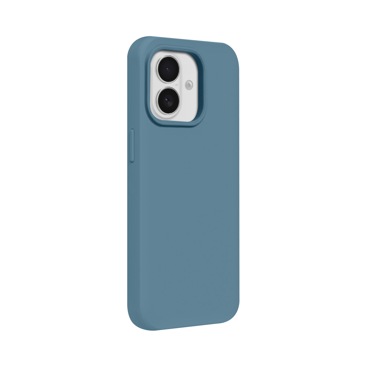 Blauw telefoonhoesje met dubbele camera-uitsparing. Witte rand.