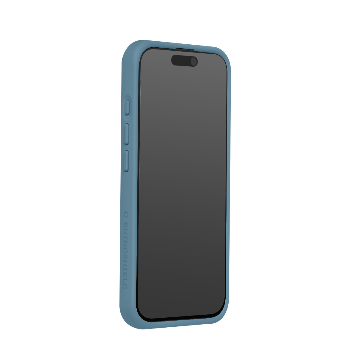 Een blauwe telefoonhoes met een donker scherm en volumeknoppen aan de zijkant.