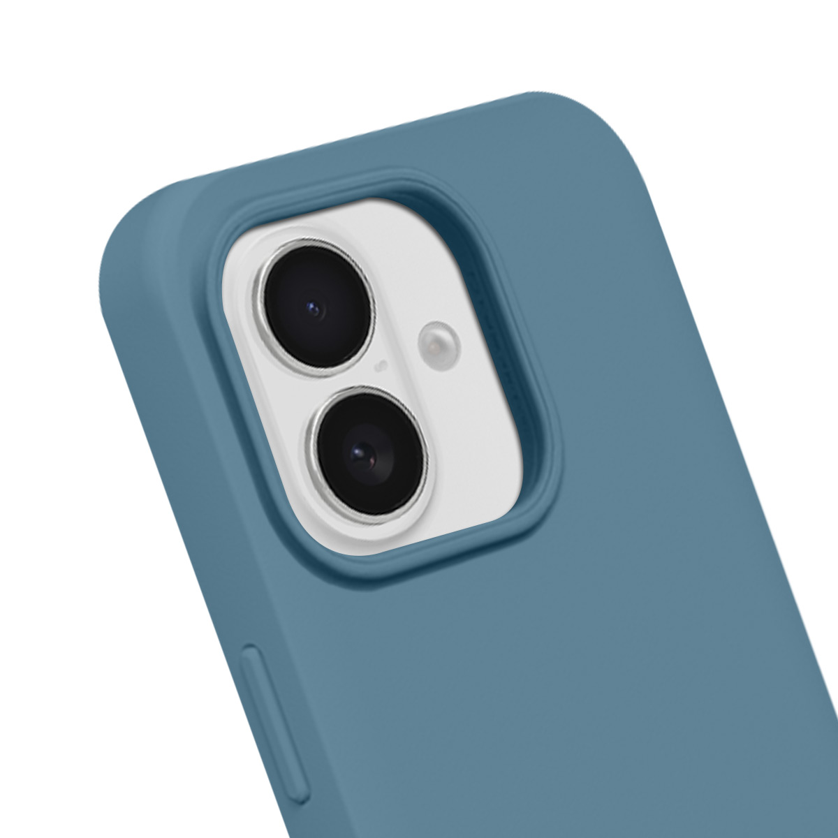 Close-up van een blauwe telefoonhoes met dubbele camera en flitser.