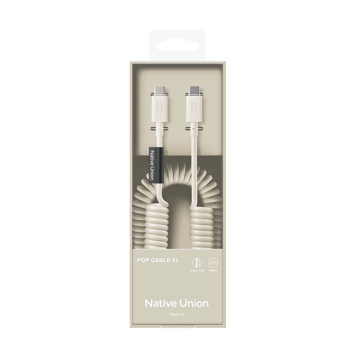 Emballage avec un câble USB-C blanc torsadé et logo Native Union.