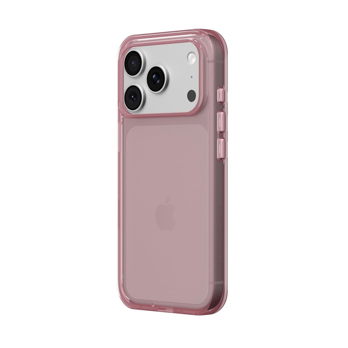 Ein rosafarbenes iPhone-Gehäuse mit dreifacher Kamera und Apple-Logo auf der Rückseite.