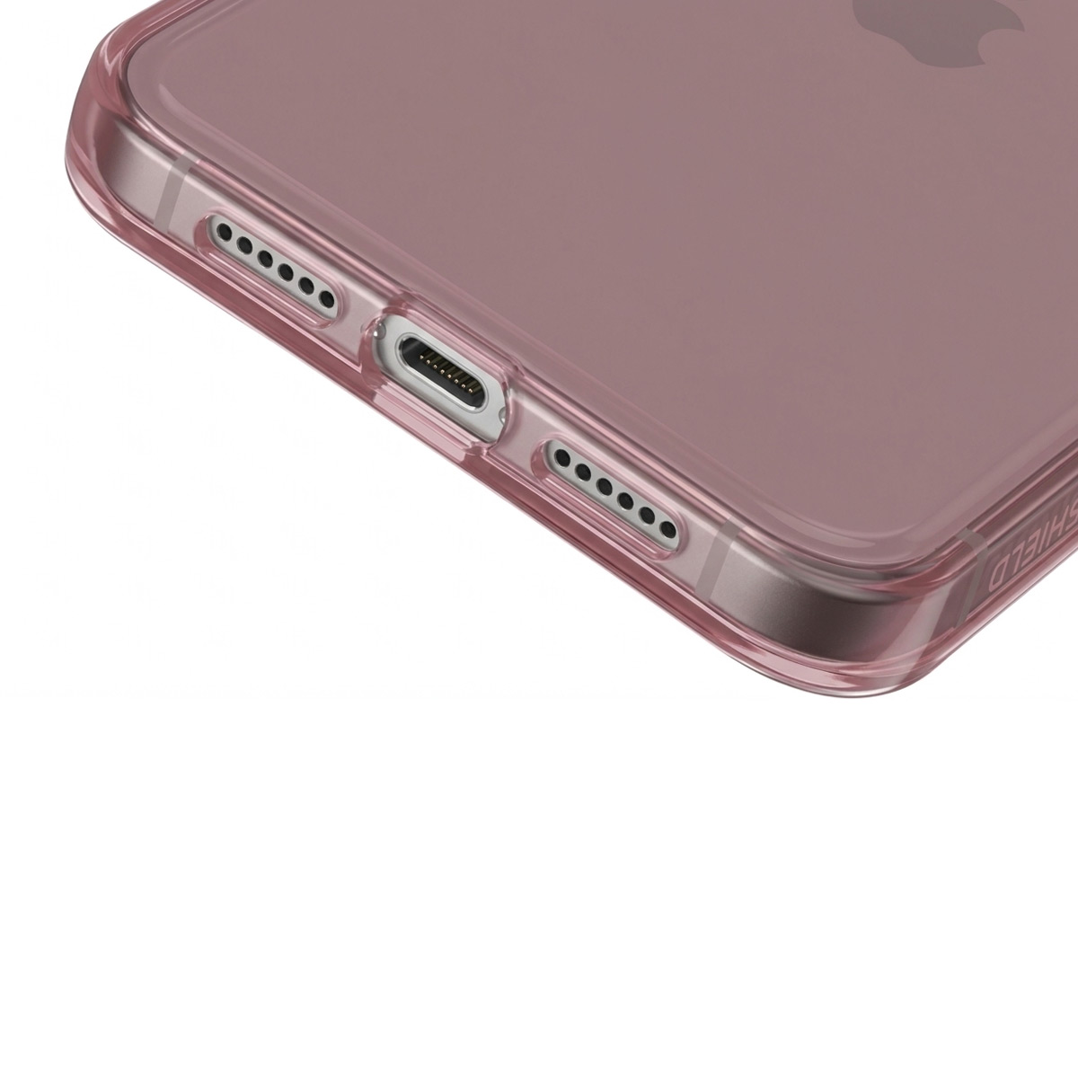 Close-up van de onderkant van een roségouden iPhone-hoesje met de oplaadpoort.