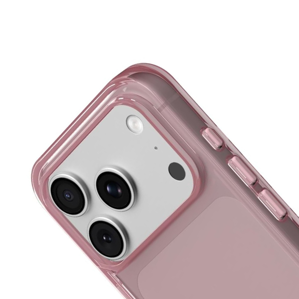 Rosa Hülle auf einem Smartphone mit drei Kameras und Knöpfen.