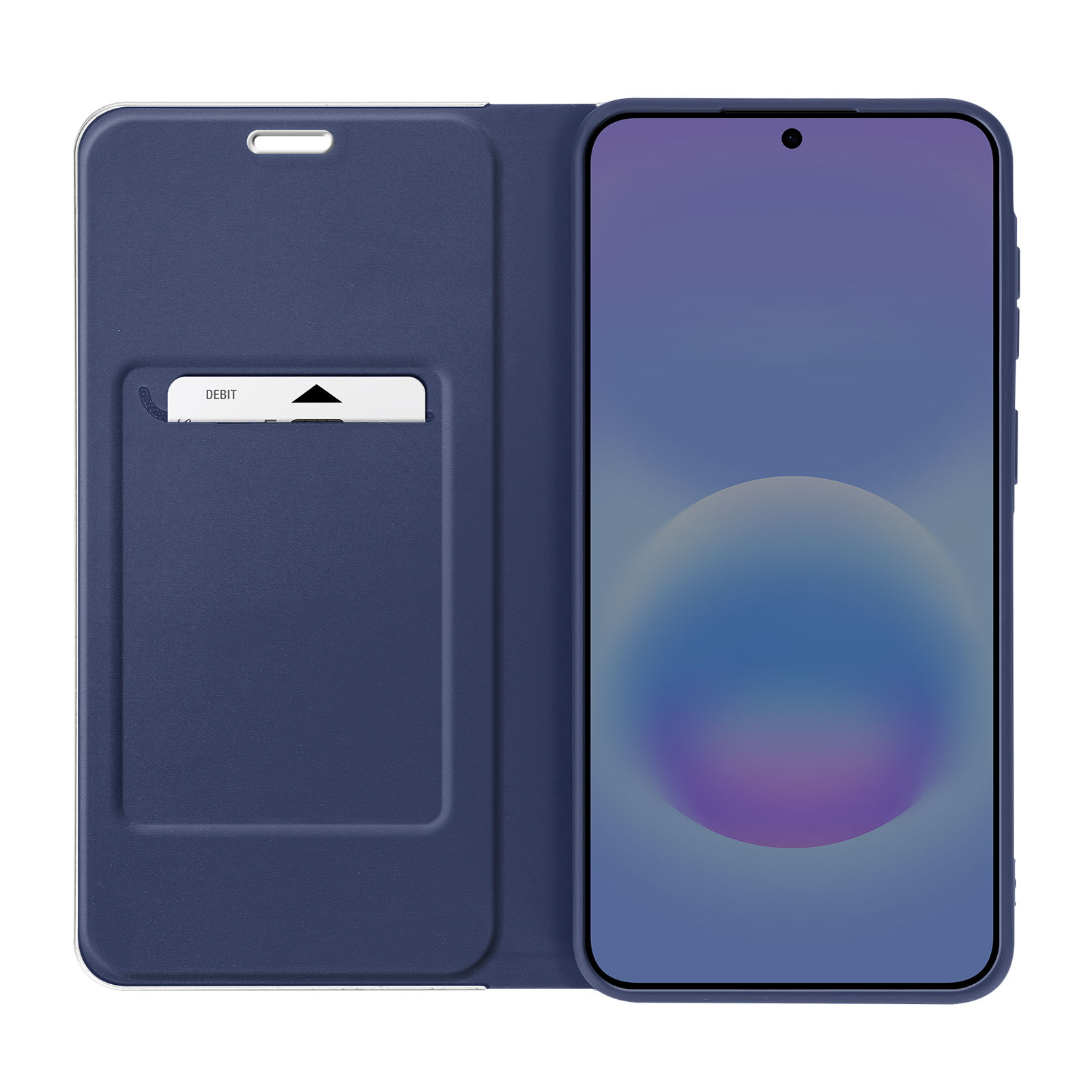Dunkelblaue Handyhülle mit Kartenfach und Smartphone.