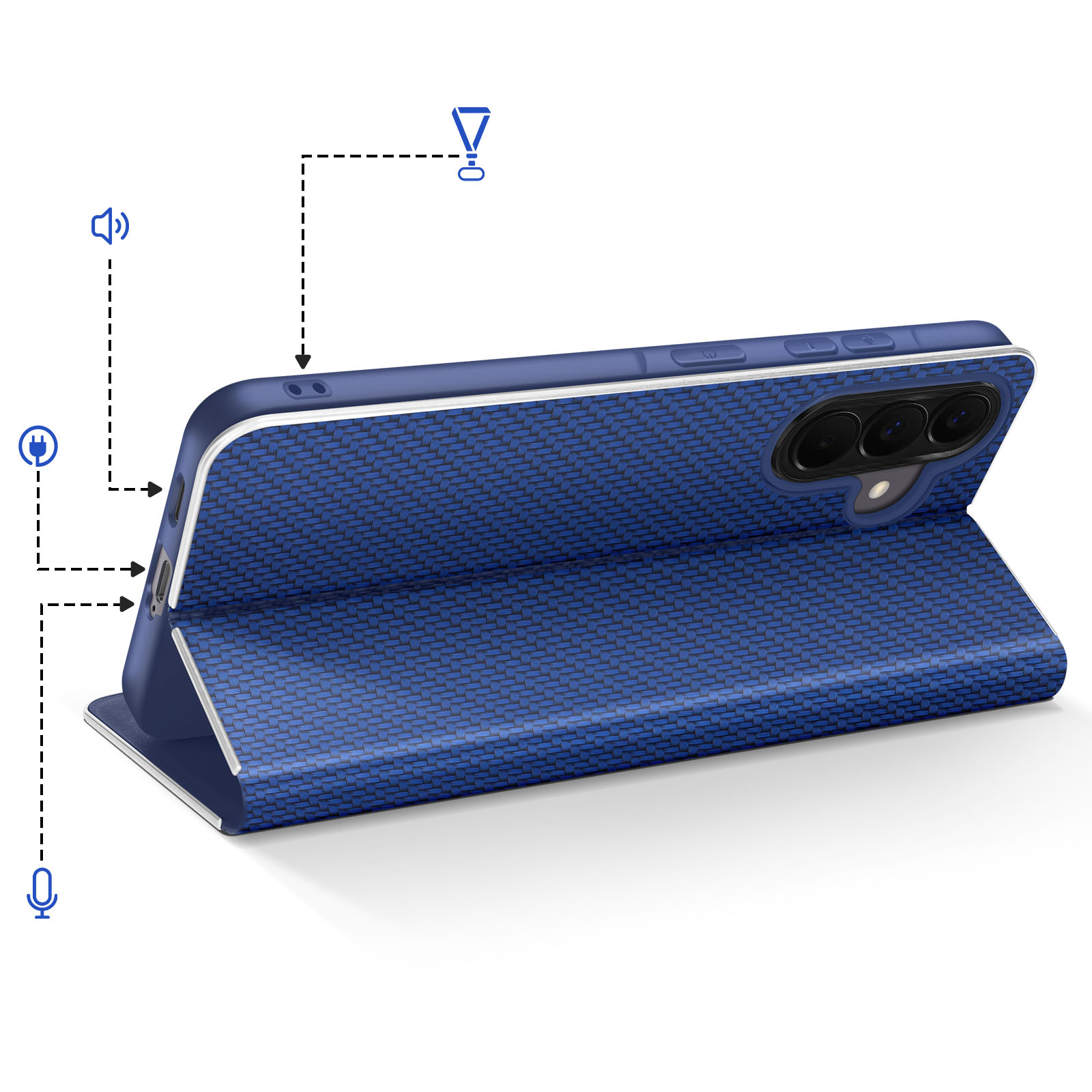 Blaues Handycover im Ständer-Modus mit Lautsprecher-, Lade- und Mikrofon-Symbolen.