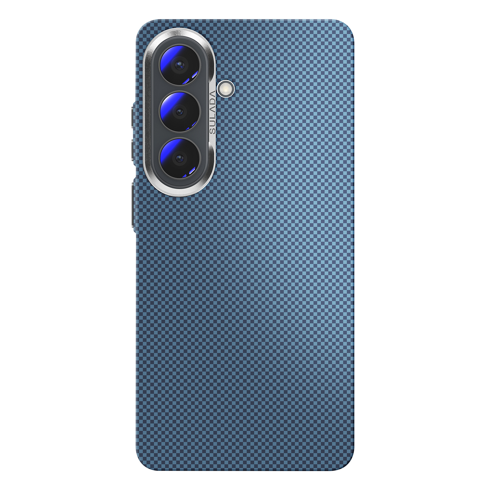 Blauw telefoonhoesje met dambordpatroon en drievoudige camera.