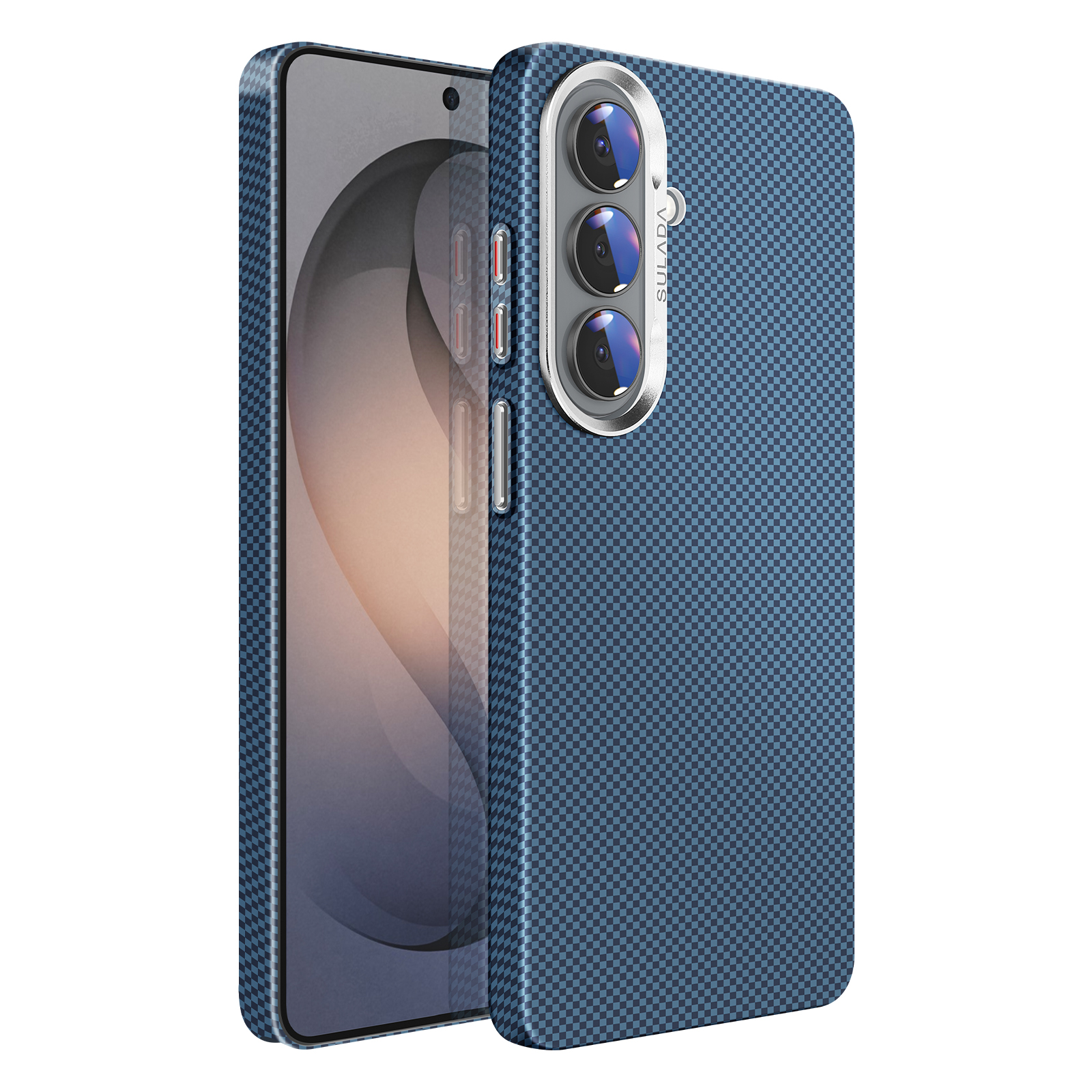 Blauw geruit telefoonhoesje met drie camera's en een zilveren rand.