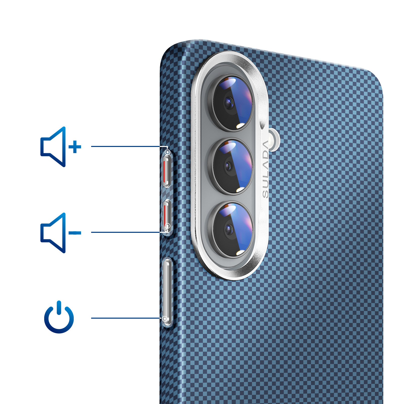 Blauw geruite telefoonhoes met drievoudige camera, volume- en aan/uit-knoppen.