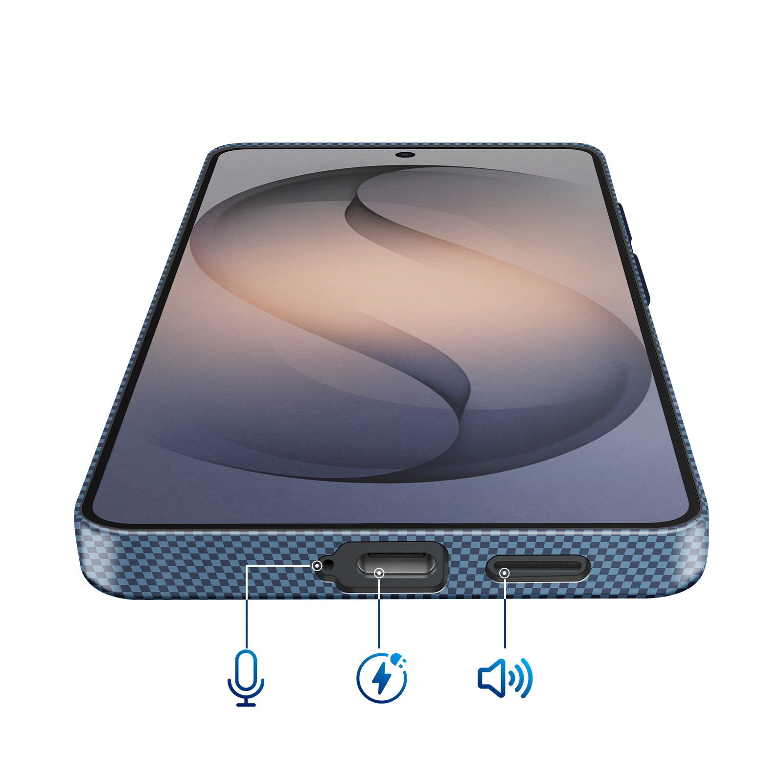 Een smartphone met een geblokt blauw hoesje, USB-C-poort, microfoon- en luidsprekerpictogrammen.