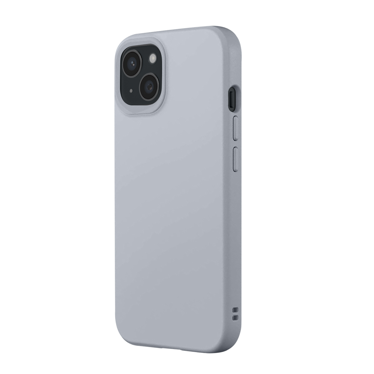 Coque de smartphone gris clair avec découpe double caméra et boutons latéraux.