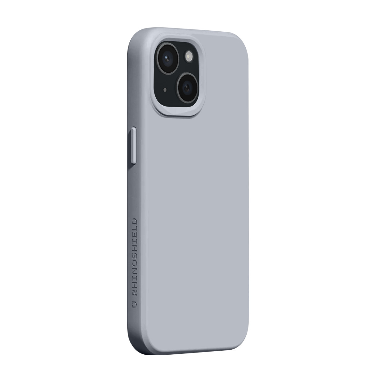 Coque de téléphone gris clair avec double objectif et logo vertical.