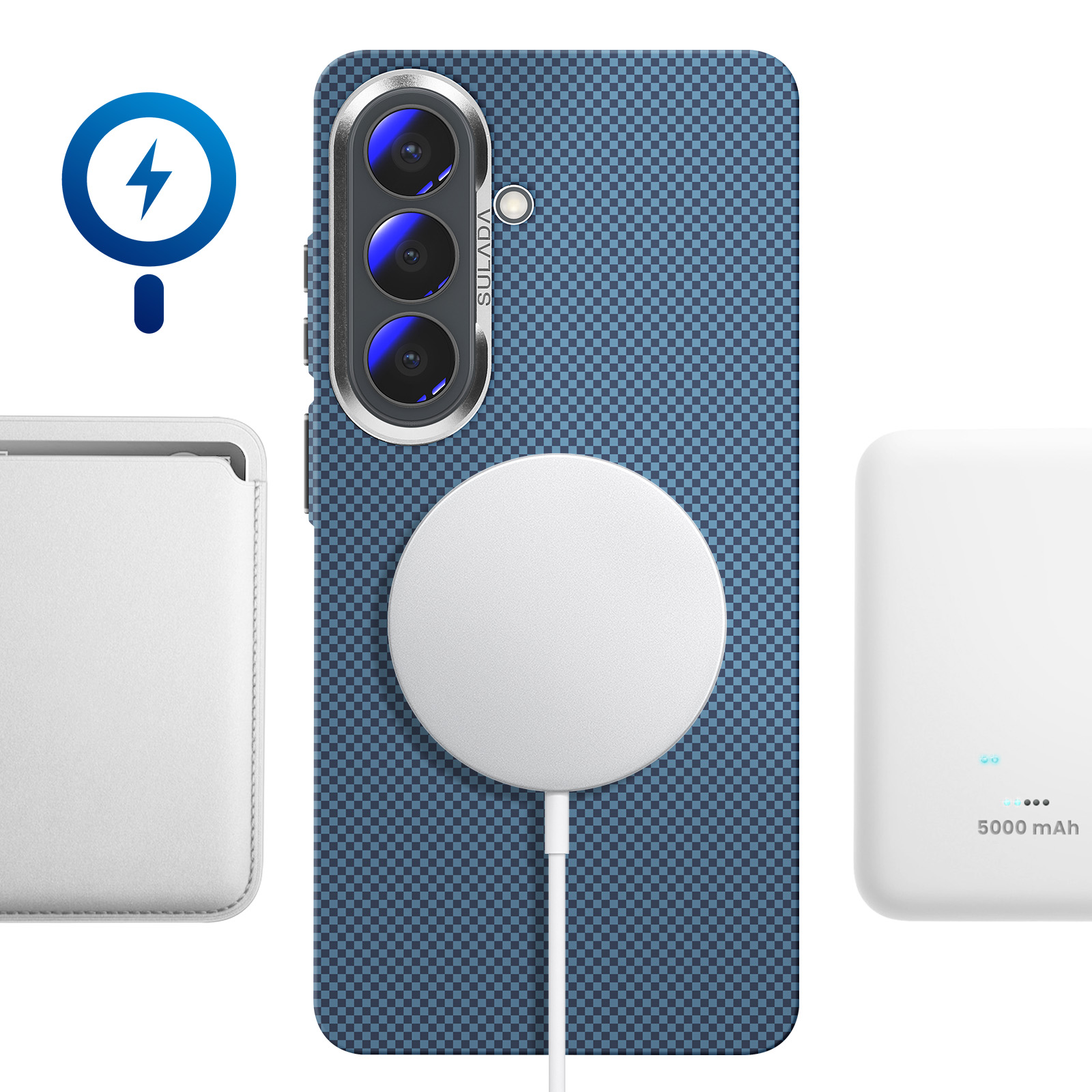 Een telefoonoplaadset met blauw bliksemschichticoon, telefoonhoesje, witte oplaadschijf en powerbank.