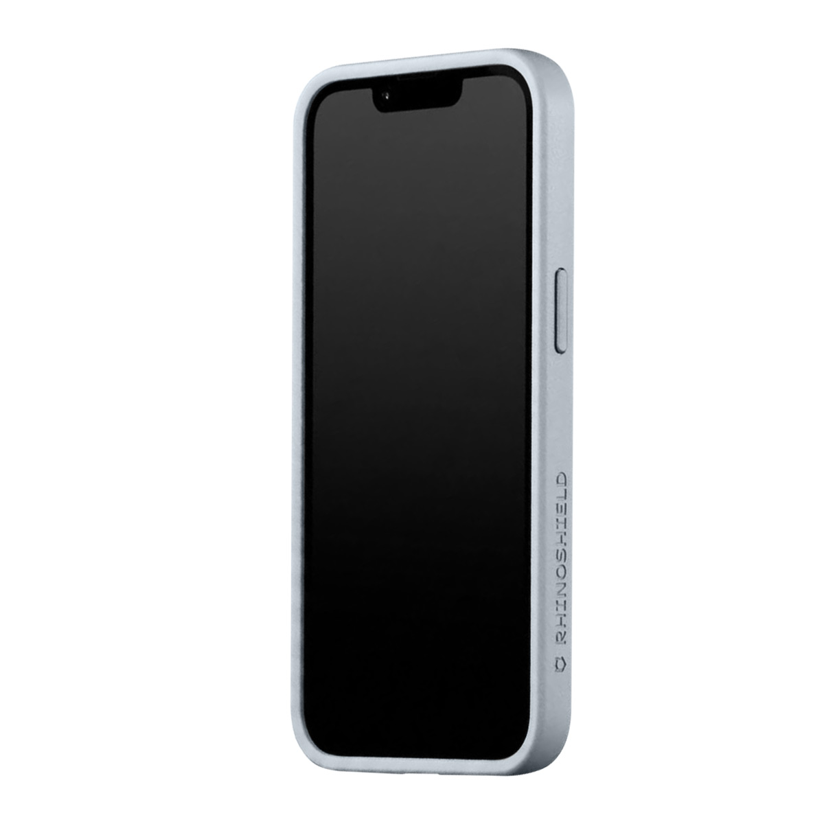 Un téléphone gris clair dans un étui de protection sur fond blanc.