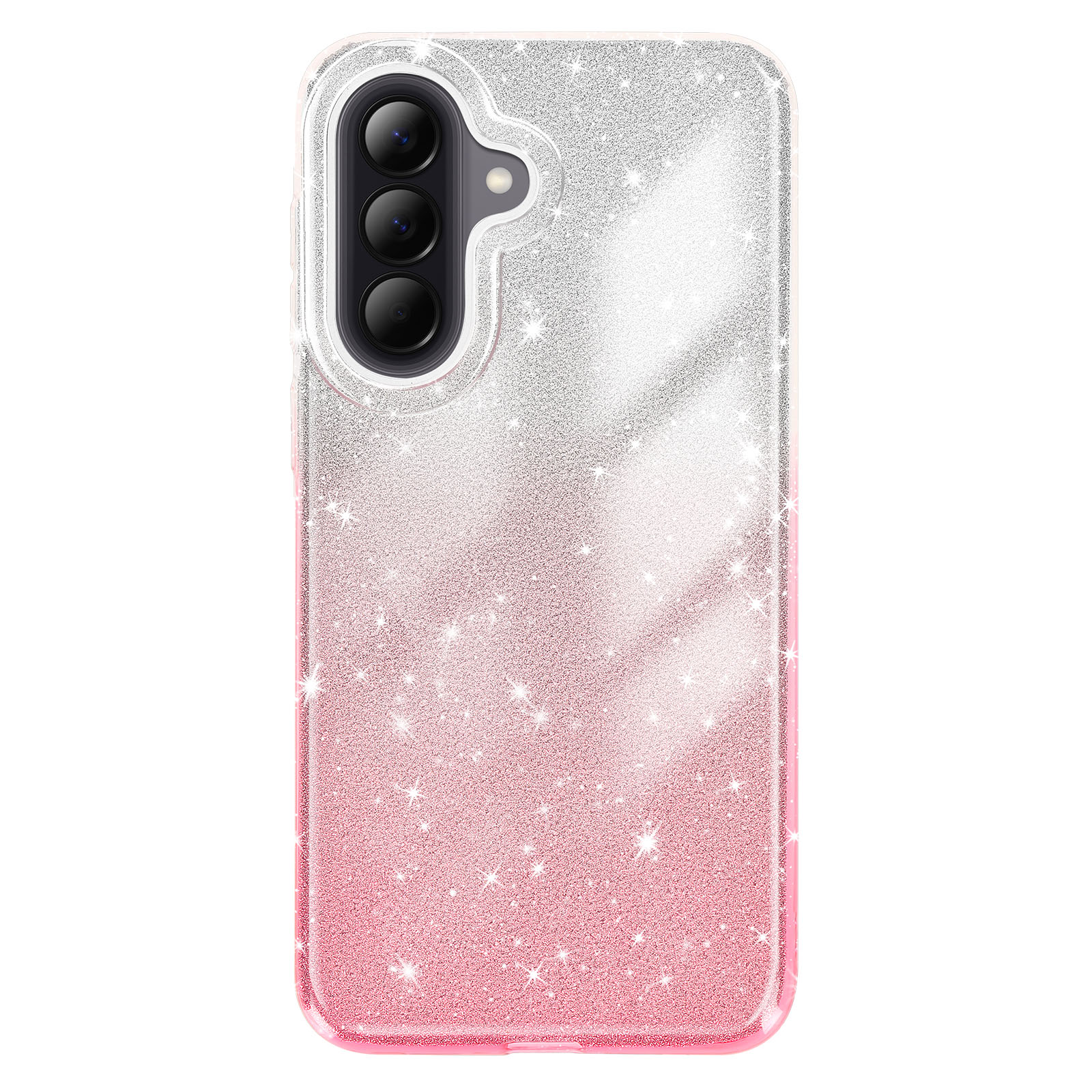 Glitrende telefoonhoes, vervaagd van zilver naar roze, met camera-uitsparing.