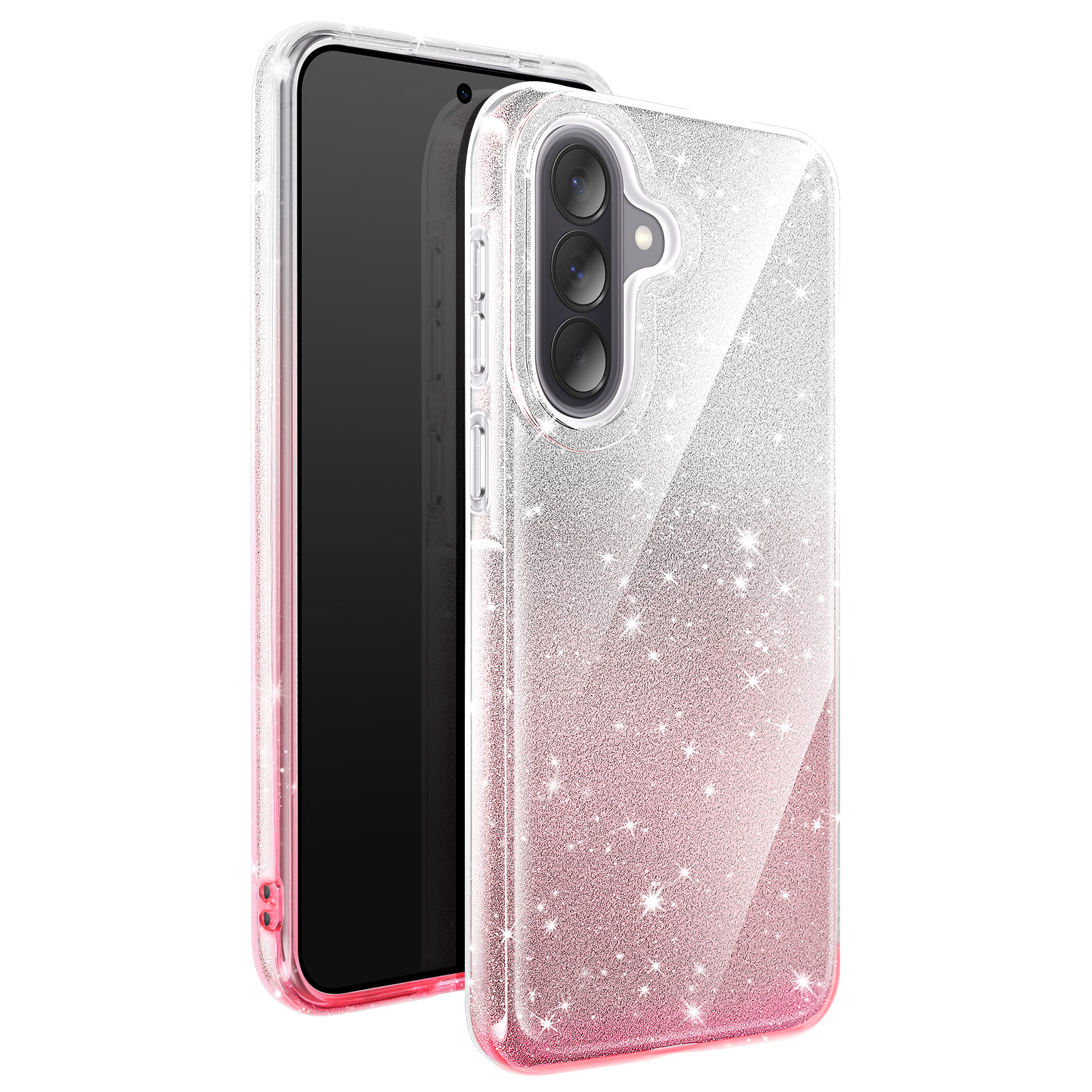 Een doorzichtige telefoonhoes met een roze naar witte glitterverloop.