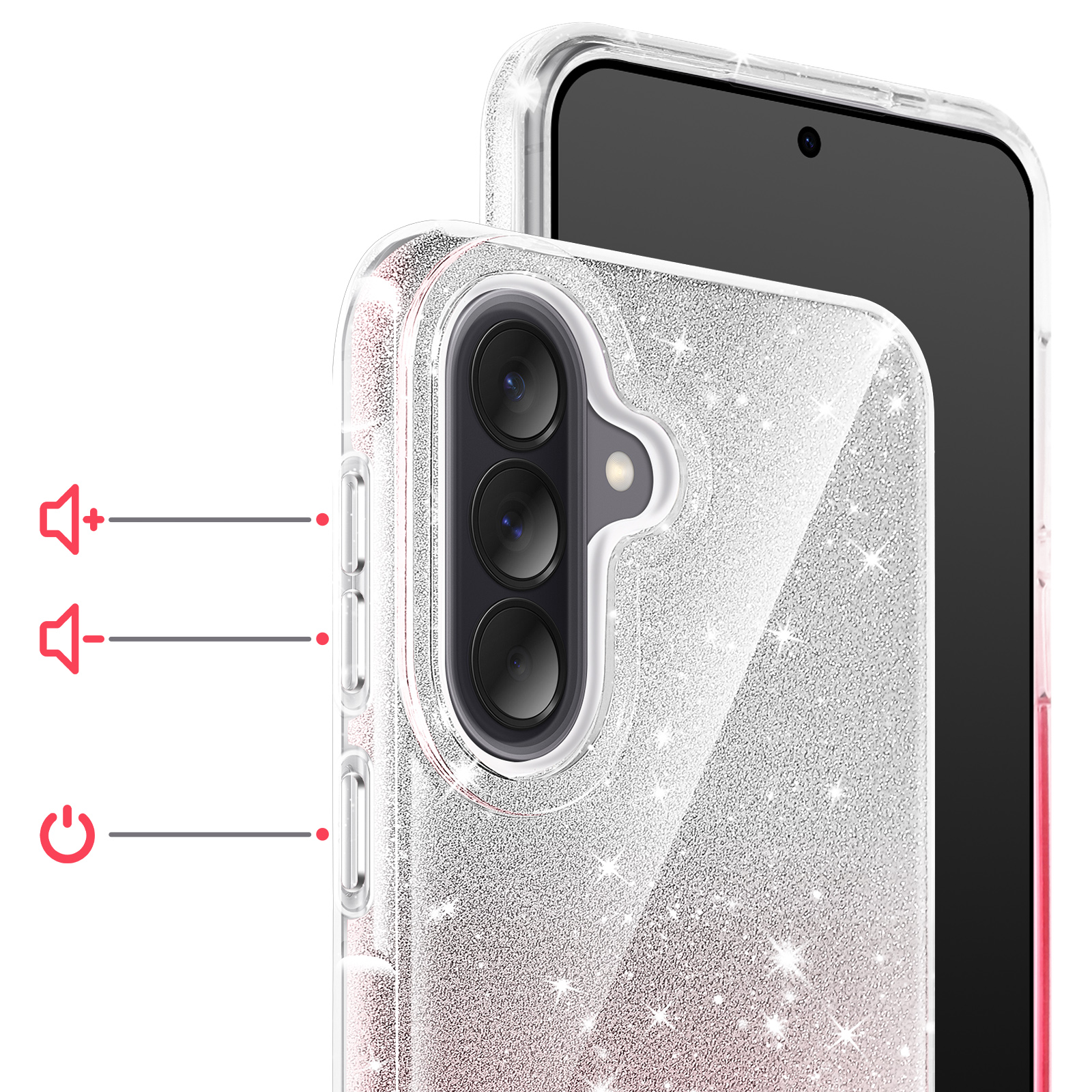 Doorzichtige glitter case voor een smartphone met drievoudige camera.