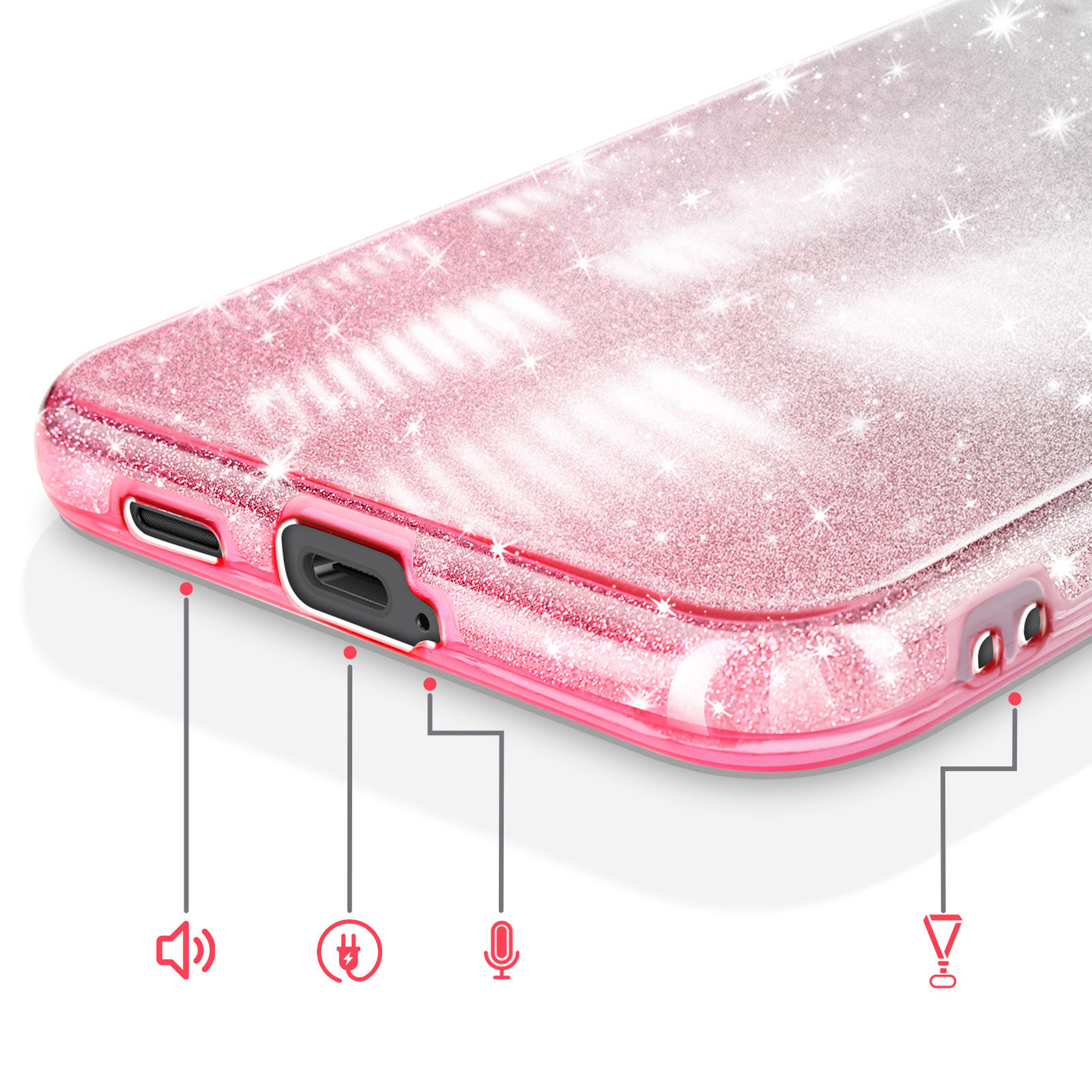 Roze glitter telefoonhoesje met gelabelde poorten: volume, opladen, microfoon, luidspreker.