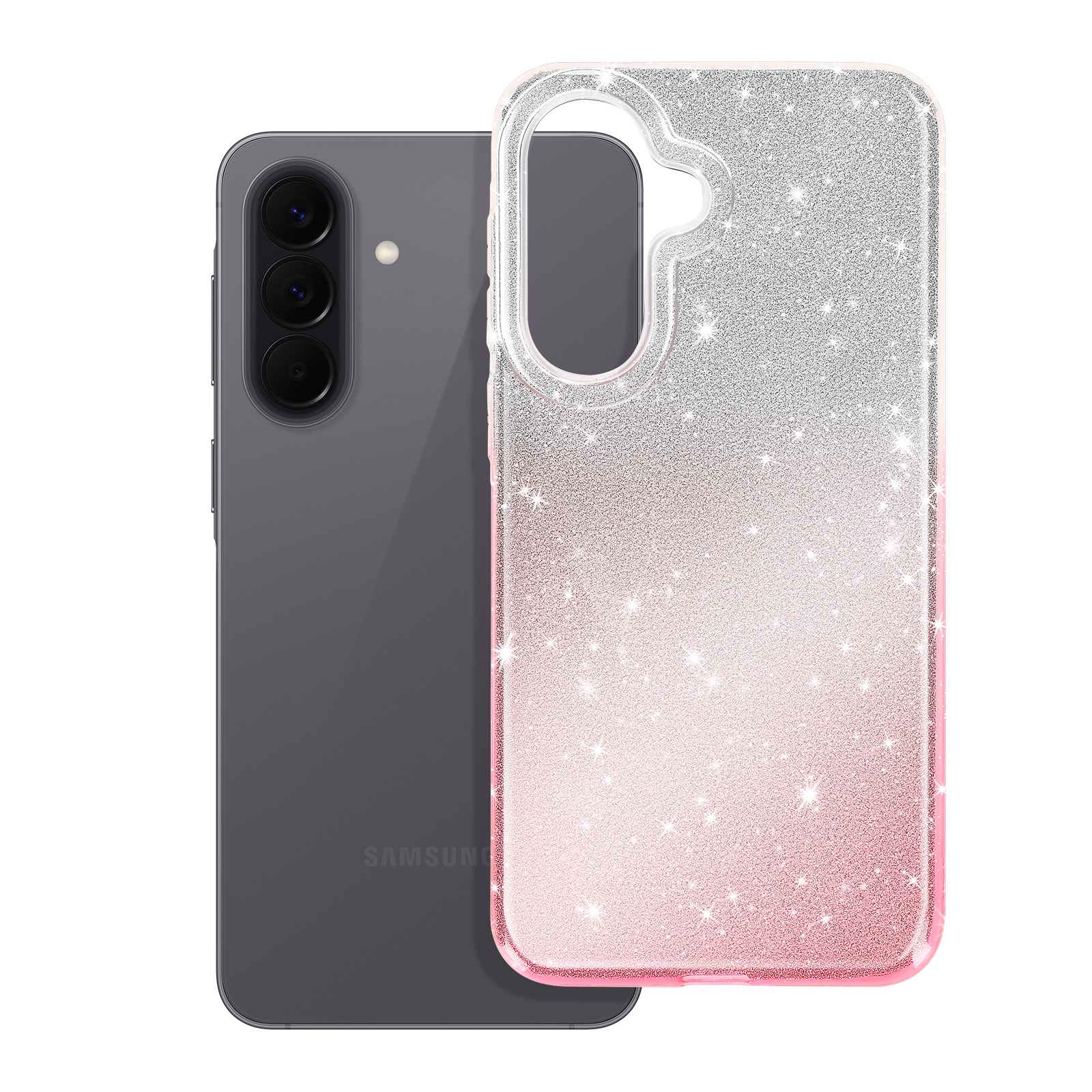 Een grijze smartphone naast een roze glitter telefoonhoesje.