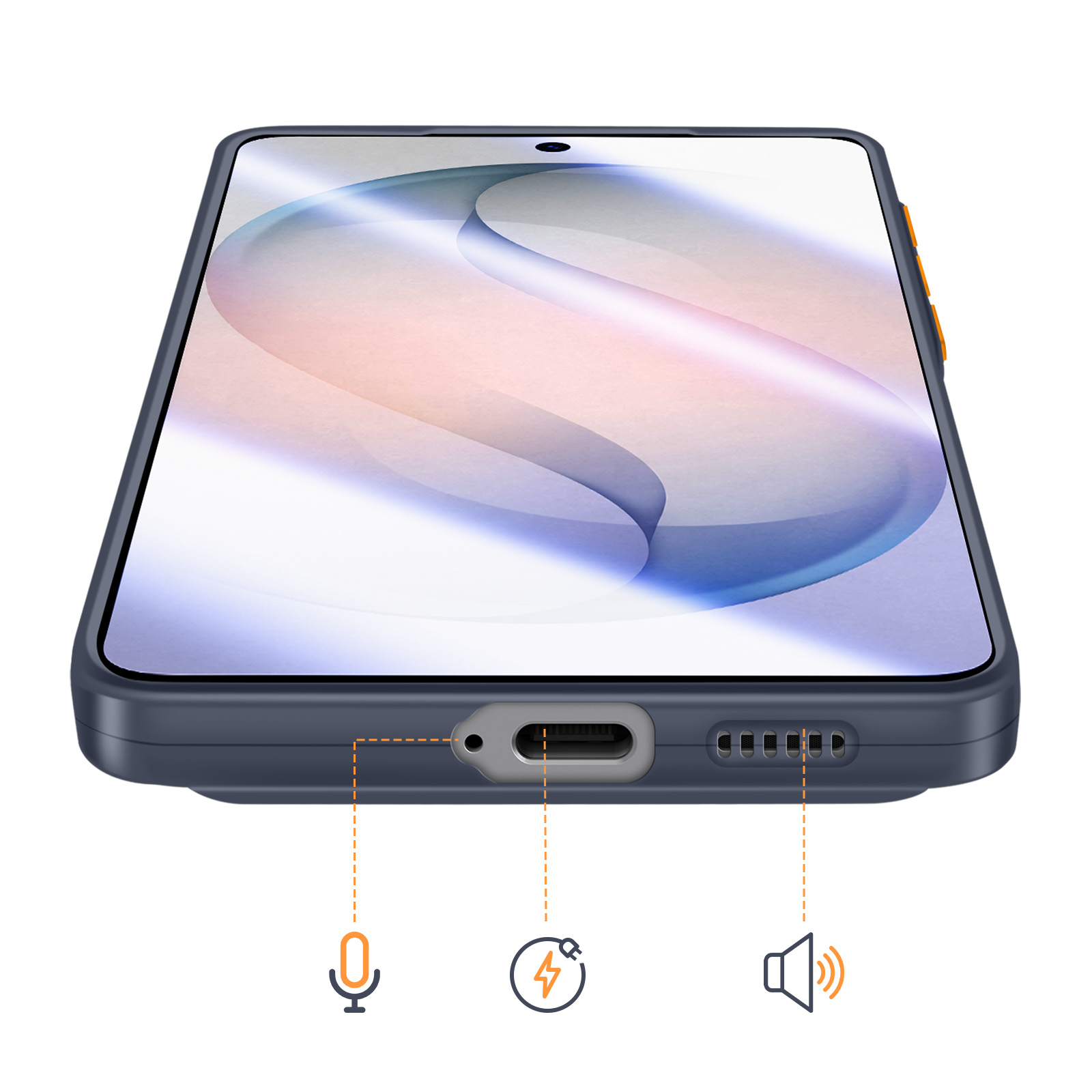 Ein dunkles Smartphone mit einem USB-C-Anschluss, Mikrofon und Lautsprecher.