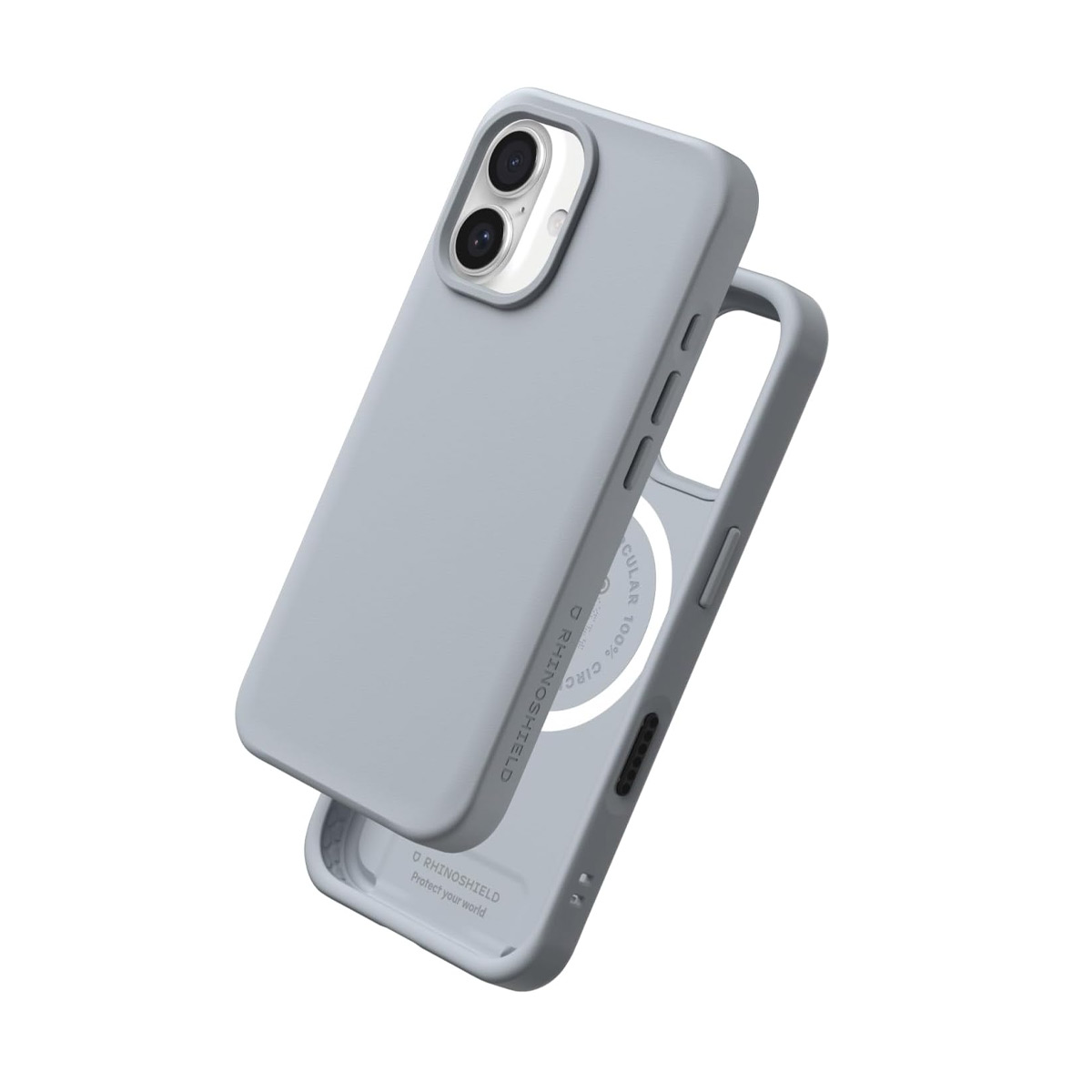 Coque de téléphone grise avec deux objectifs d'appareil photo et un anneau magnétique.
