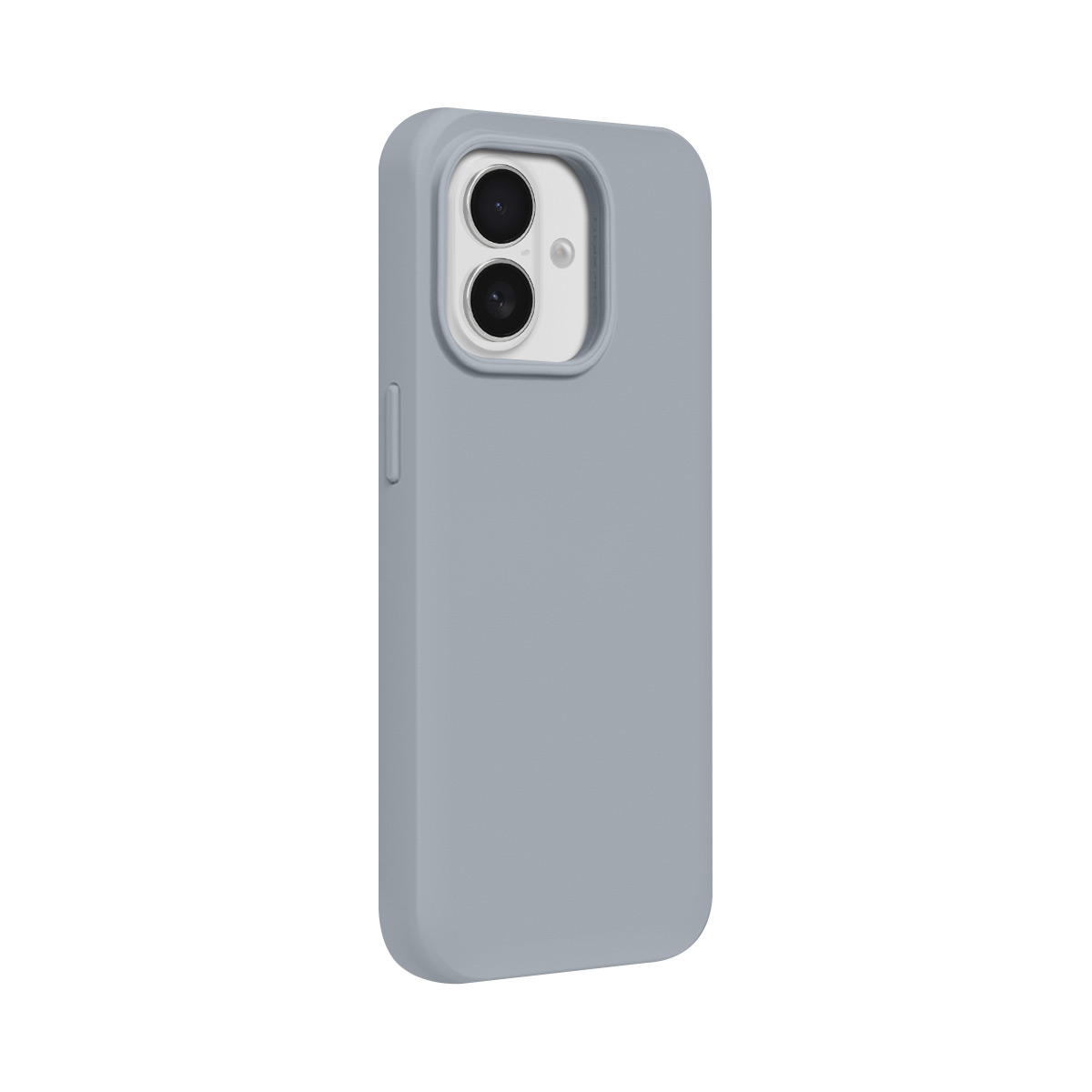 Coque de téléphone grise avec découpe double caméra sur fond blanc.