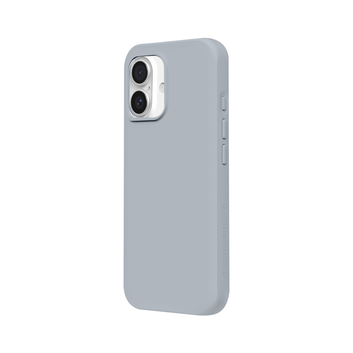 Une coque de téléphone grise avec deux caméras sur fond blanc.