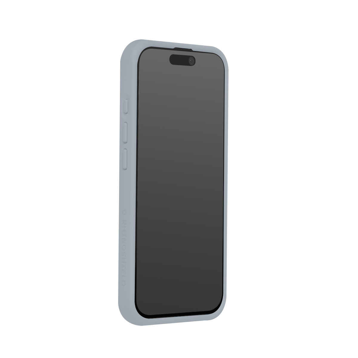 Un téléphone gris dans un étui de protection, sur fond blanc.