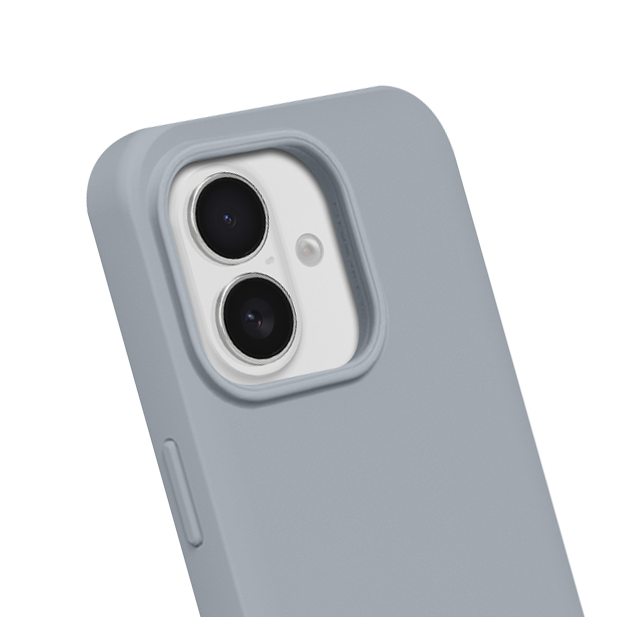 Coque de téléphone grise avec découpe pour appareil photo à double objectif.