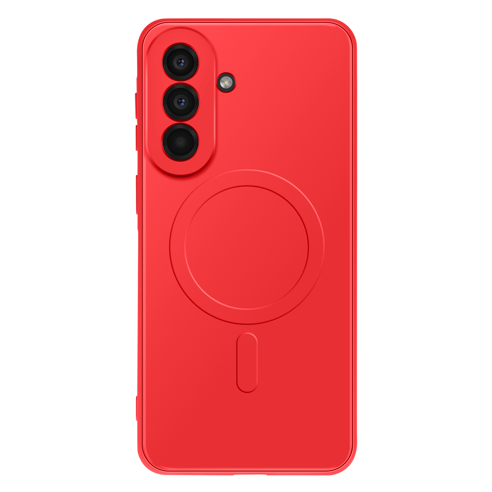 Rode telefoonhoes met drie cameralenzen en een magnetische oplaadcirkel.