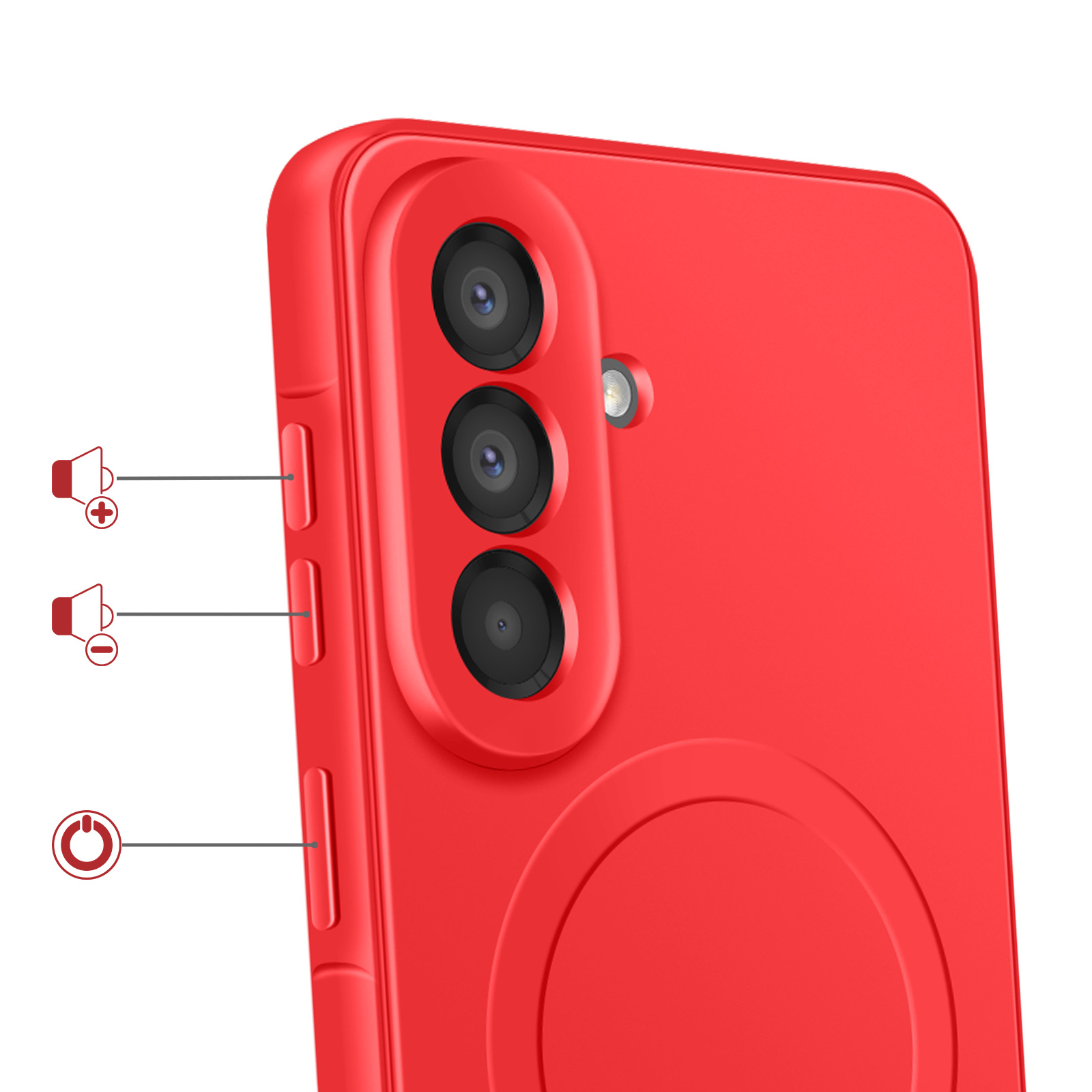 Rode telefoonhoes met drie cameralenssen en zijtoetsen.