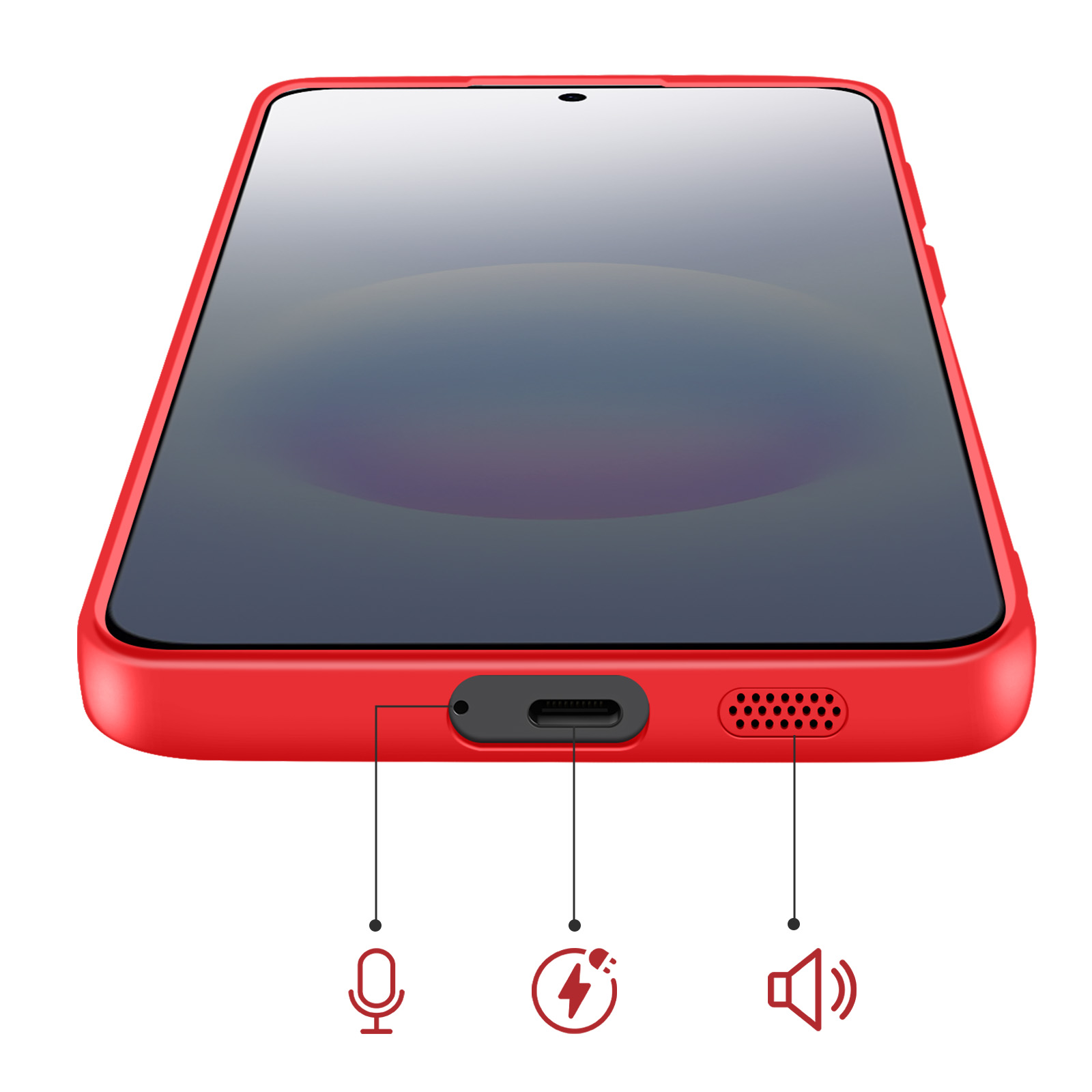 Rode smartphone met USB-C, microfoon en luidspreker iconen.