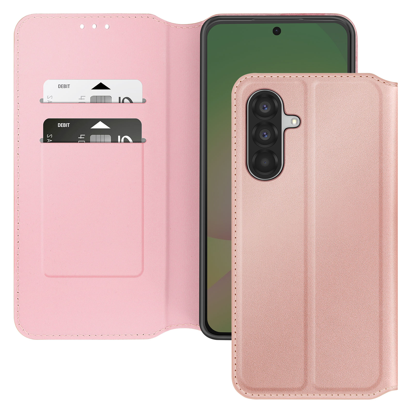 Una funda rosa tipo cartera para móvil con ranuras para tarjetas y un móvil con tres cámaras.