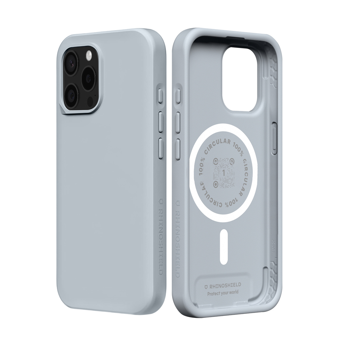 Deux coques de téléphone bleu clair. L'une montre des trous pour appareil photo, l'autre est ouverte.