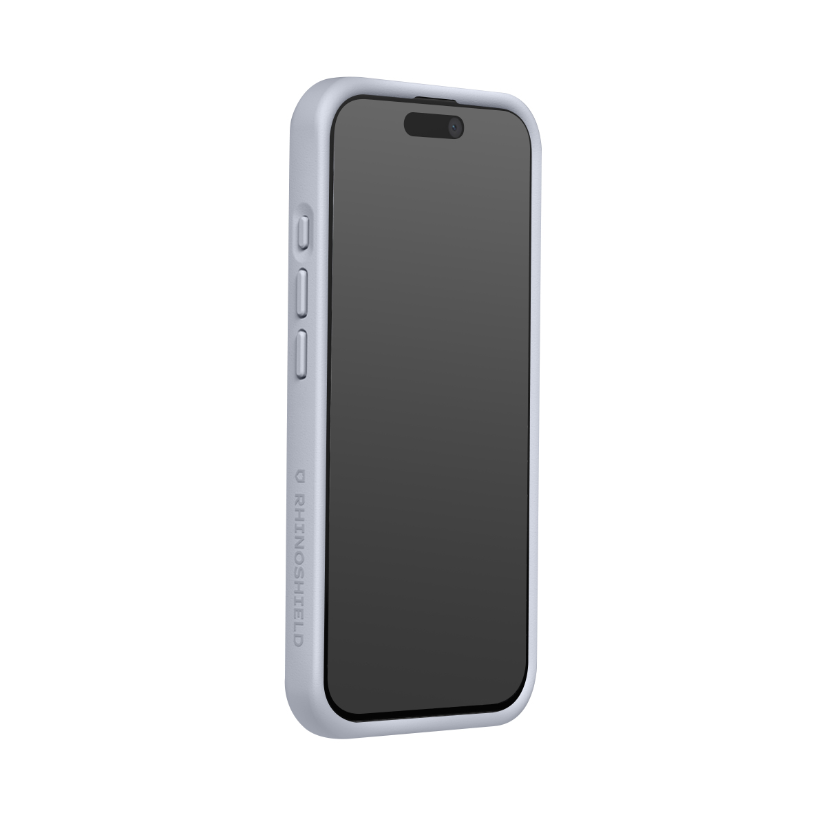 Une coque de téléphone gris clair avec écran noir, montrant les boutons latéraux et découpe caméra.