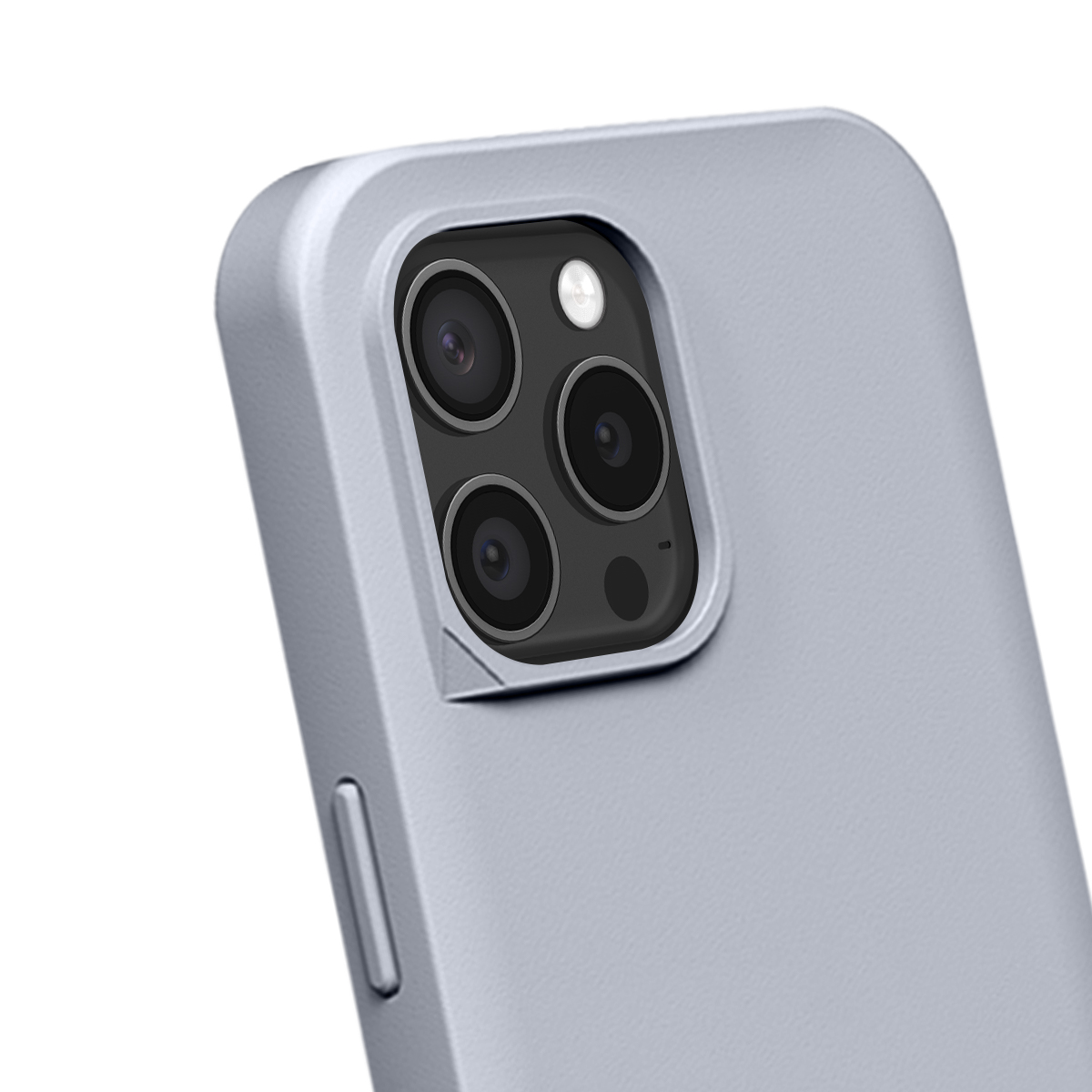 Arrière d'un smartphone gris clair avec triple appareil photo et flash.