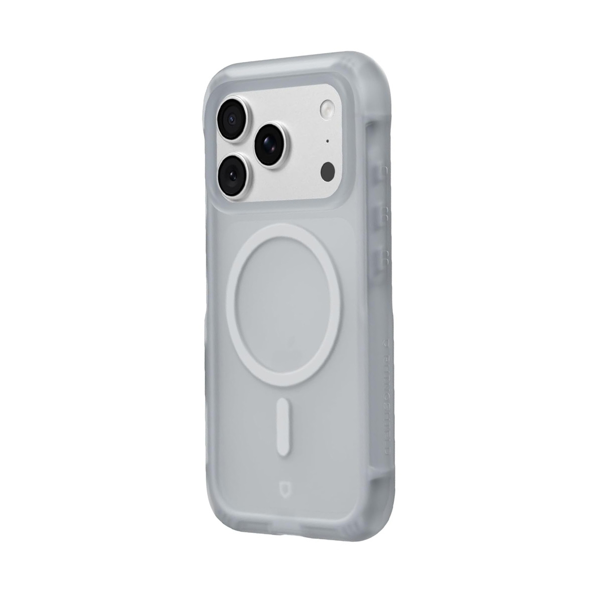 Coque de téléphone grise avec trois objectifs et un anneau magnétique.