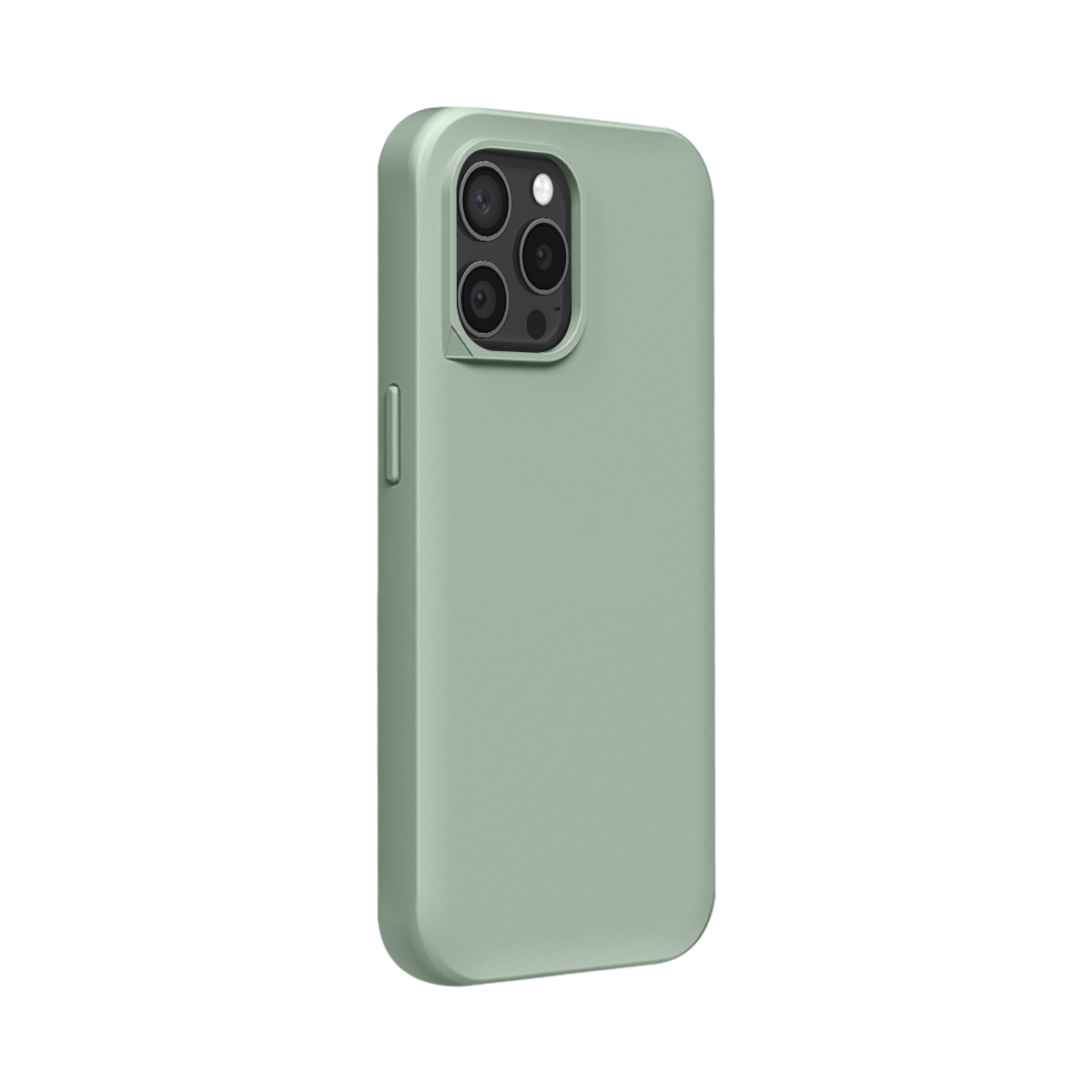 Une coque de téléphone vert clair avec un objectif de caméra sur fond blanc.