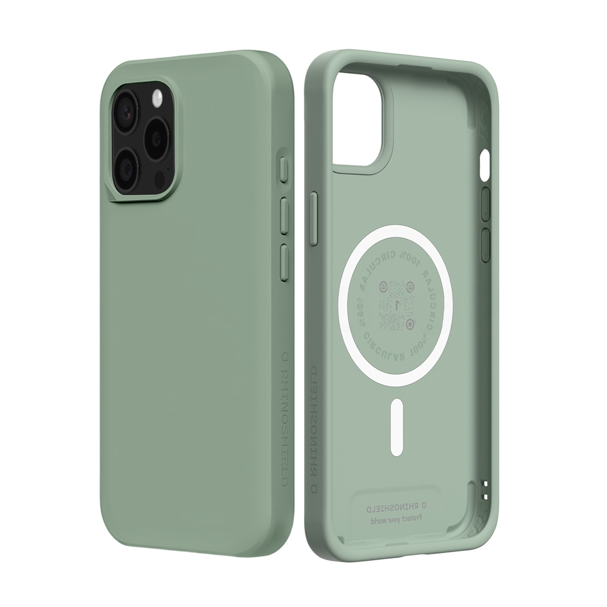 Une coque iPhone vert sauge, vue de face et de dos, avec découpe caméra et anneau MagSafe.
